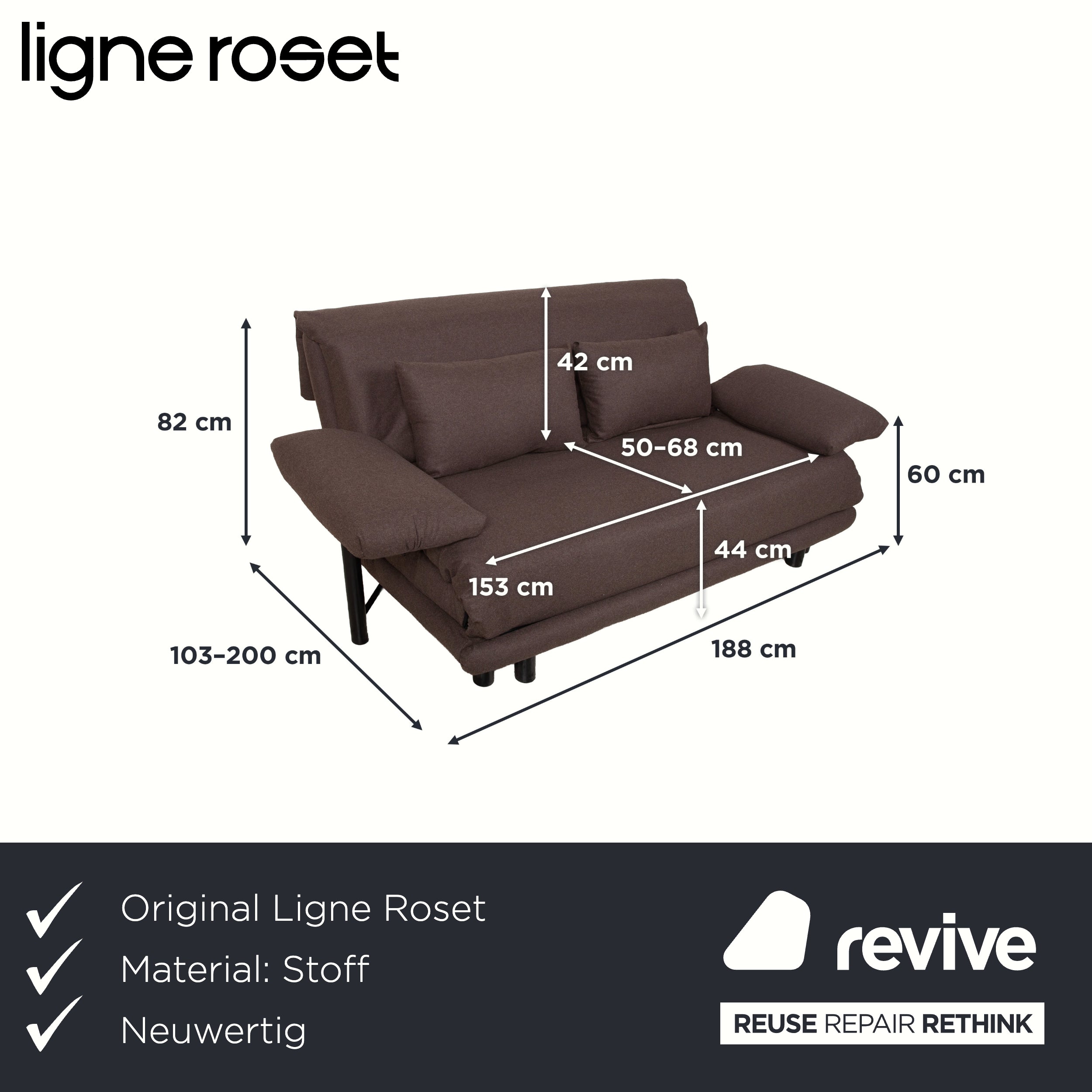 Canapé trois places Ligne Roset Multy en tissu marron, grège et beige, avec accoudoirs et fonction manuelle, et structure noire.