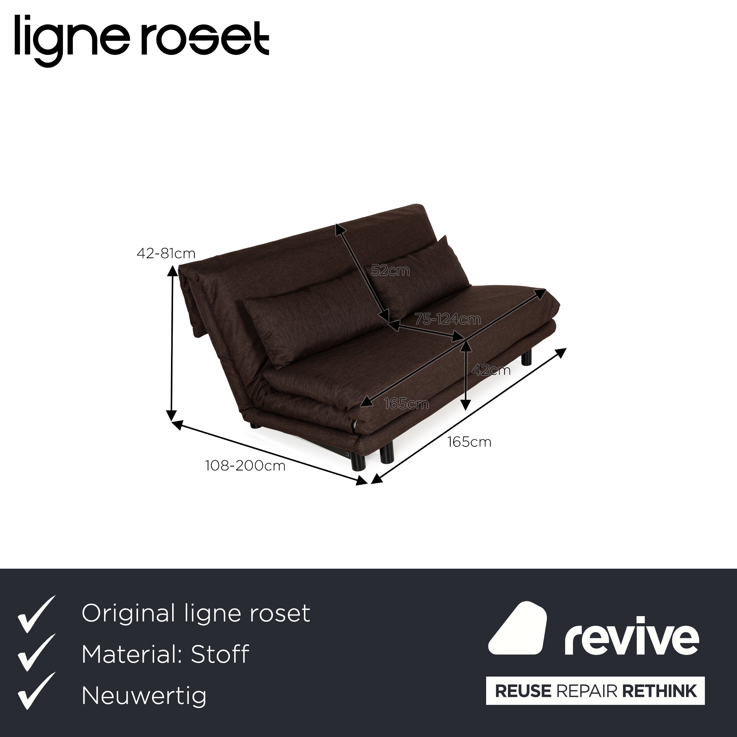 Ligne roset Canapé 3 places en tissu Multy marron, fonction manuelle, fonction sommeil, housse neuve