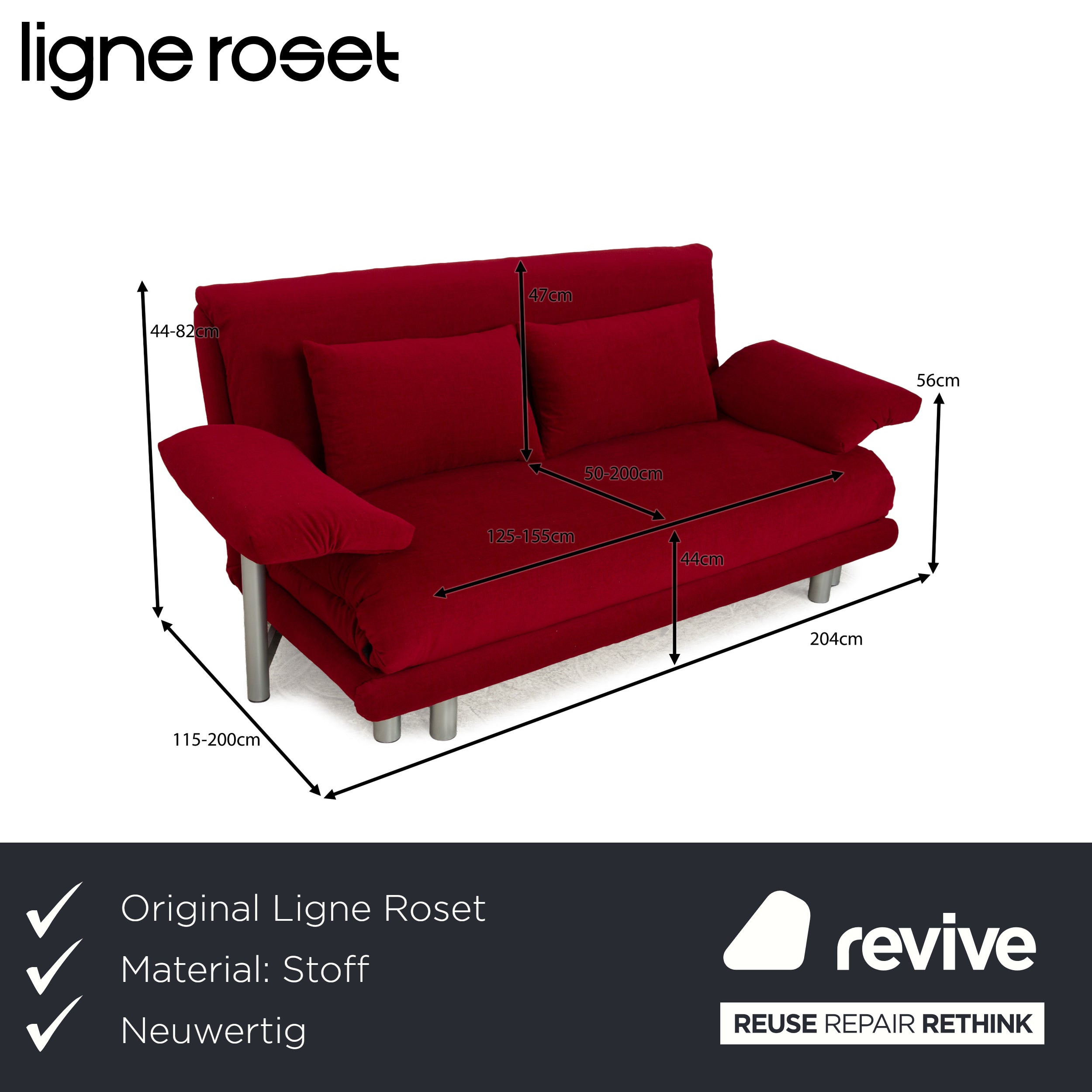 Ligne Roset Multy Fabric Three-Seater Red Dark Red Sleeping Function incl. Armrests Reupholstered