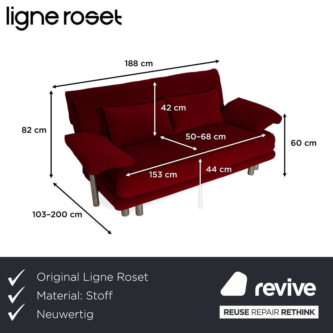 Ligne Roset Multy canapé trois places en tissu rouge foncé avec fonction couchage et accoudoirs neufs
