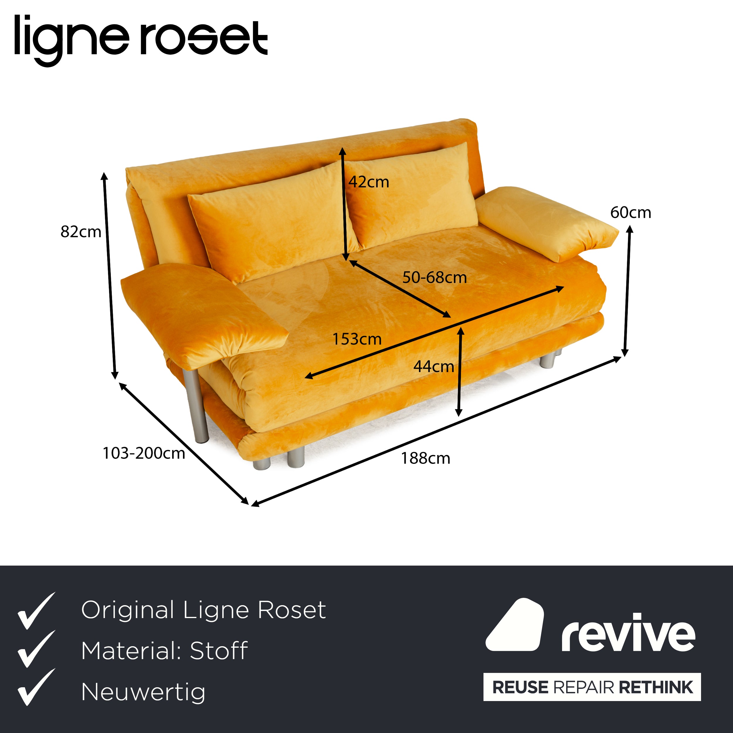 Ligne Roset Multy canapé trois places en tissu jaune or avec accoudoirs fonction couchage nouvelle housse