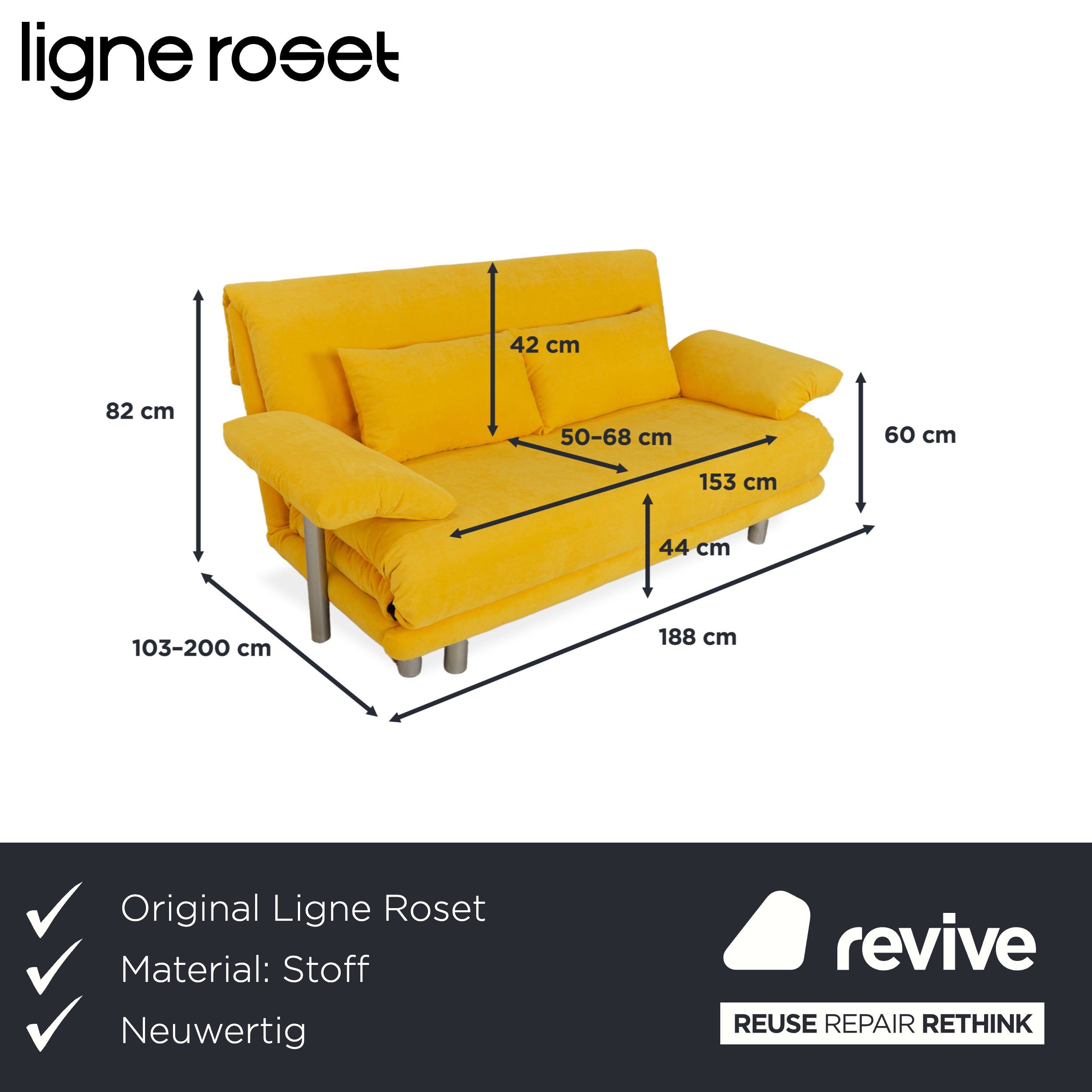 Ligne Roset Multy Dreisitzer Armlehnen Stoff Gelb Siber manuelle Schlaffunktion Schlafsofa Couch Neubezug