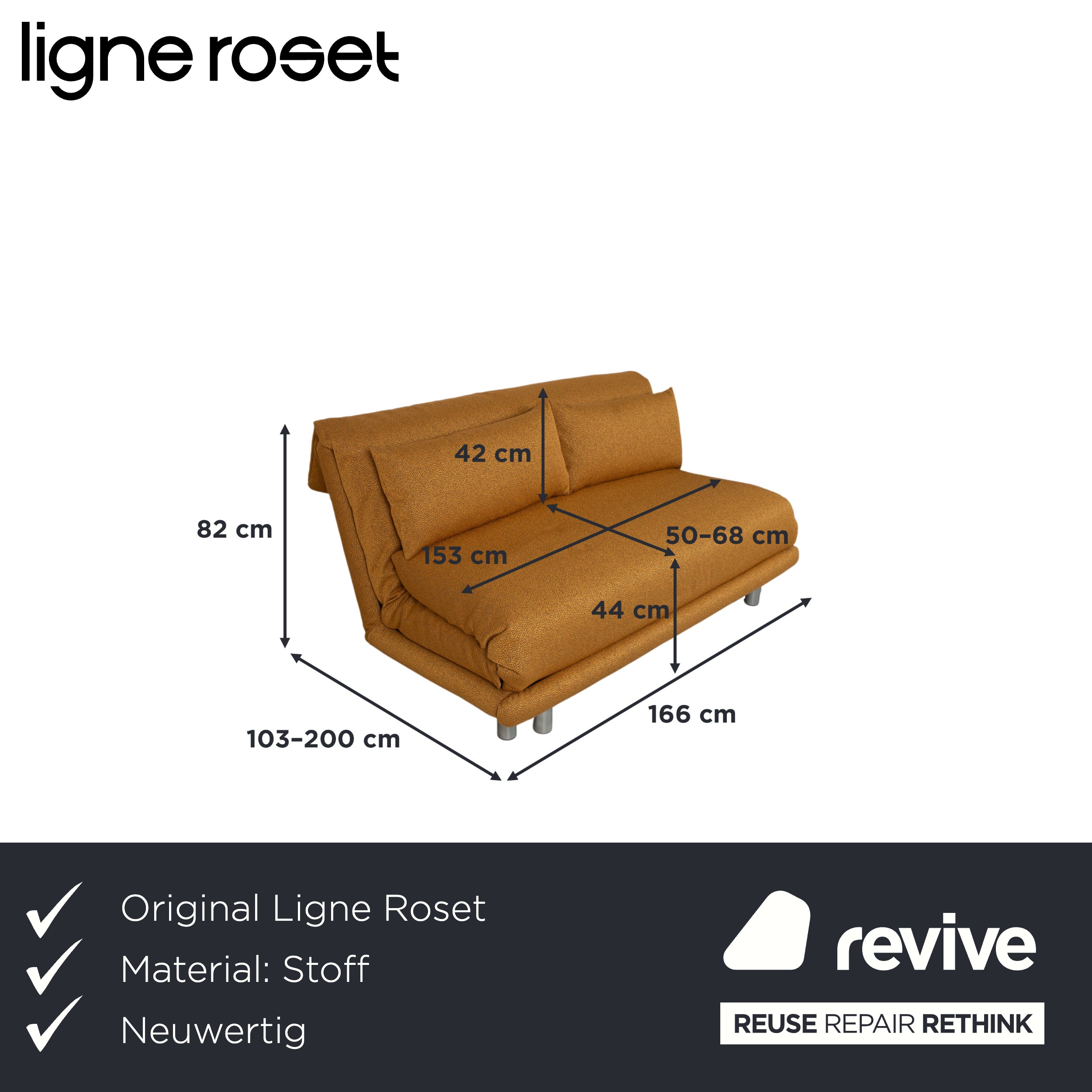 Ligne Roset Multy Tissu Trois places Doré fonction couchage manuelle piètement argenté canapé neuf