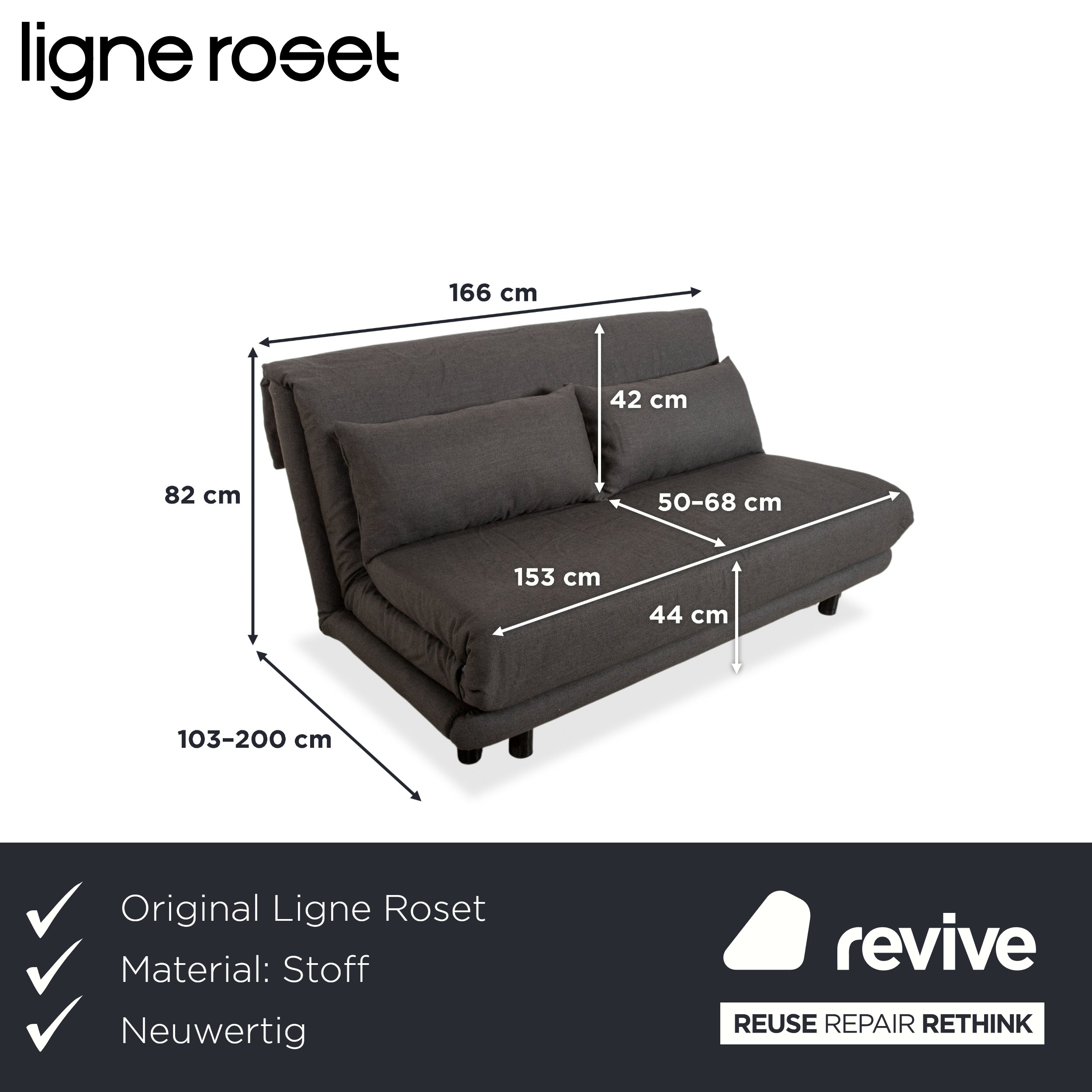 Ligne Roset Multy Tissu canapé trois places gris, piètement noir, fonction couchage manuelle, nouvelle housse (LINEN 532)