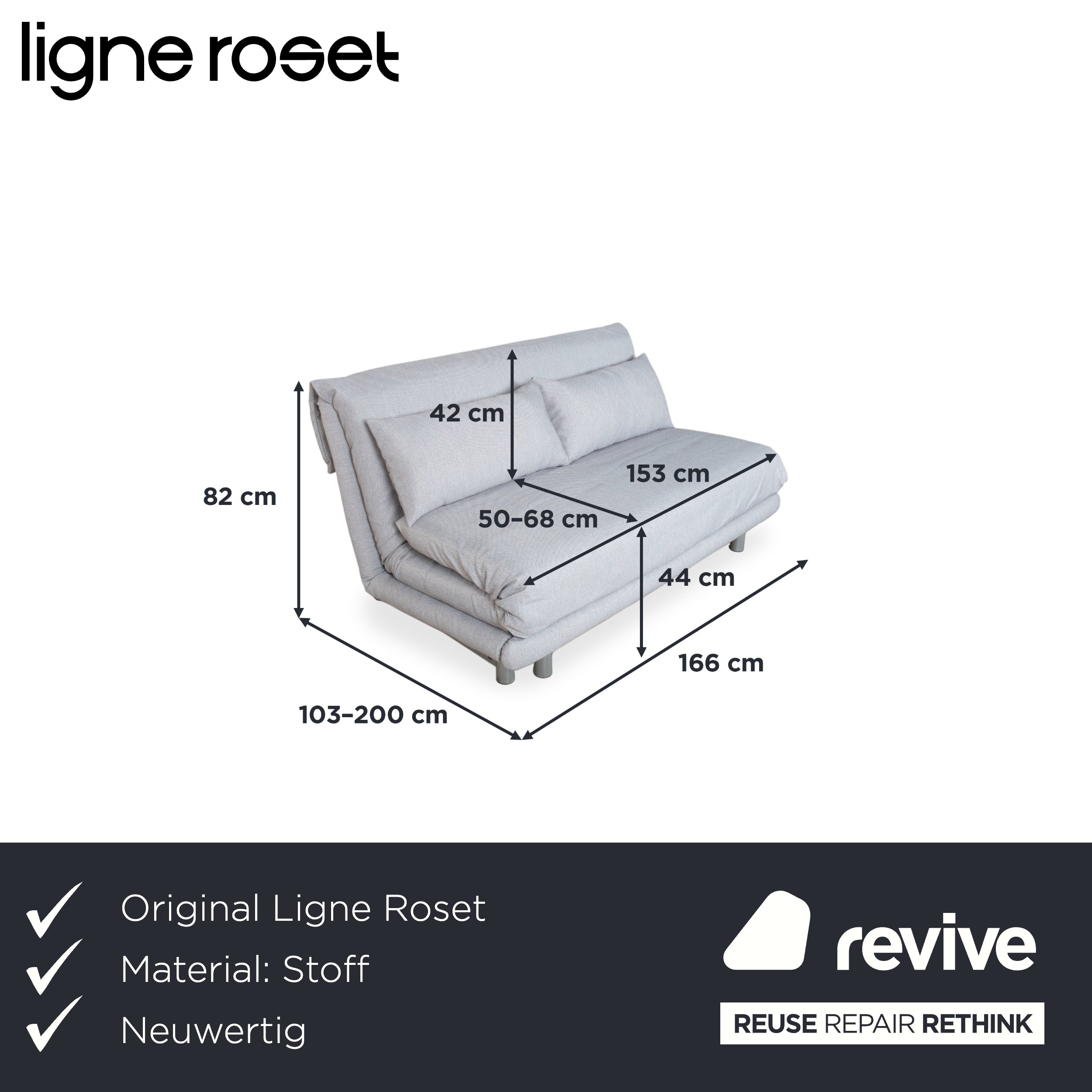 Ligne Roset Multy Stoff Dreisitzer Grau Manuelle Funktion Sofa Couch Schlafsofa Neubezug VERANO 600
