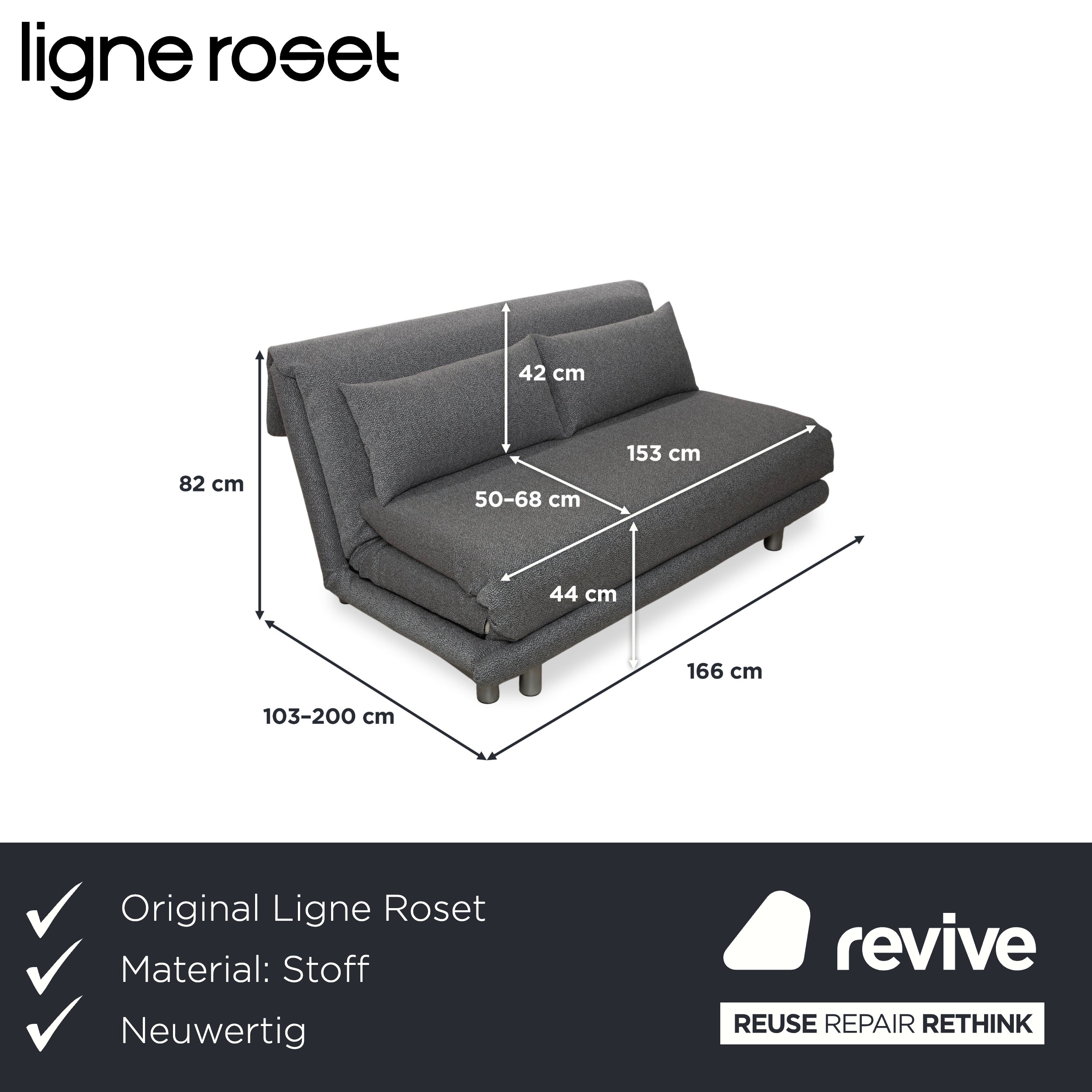 Ligne Roset Multy Stoff Dreisitzer Grau manuelle Schlaffunktion Neubezug GLOW 534