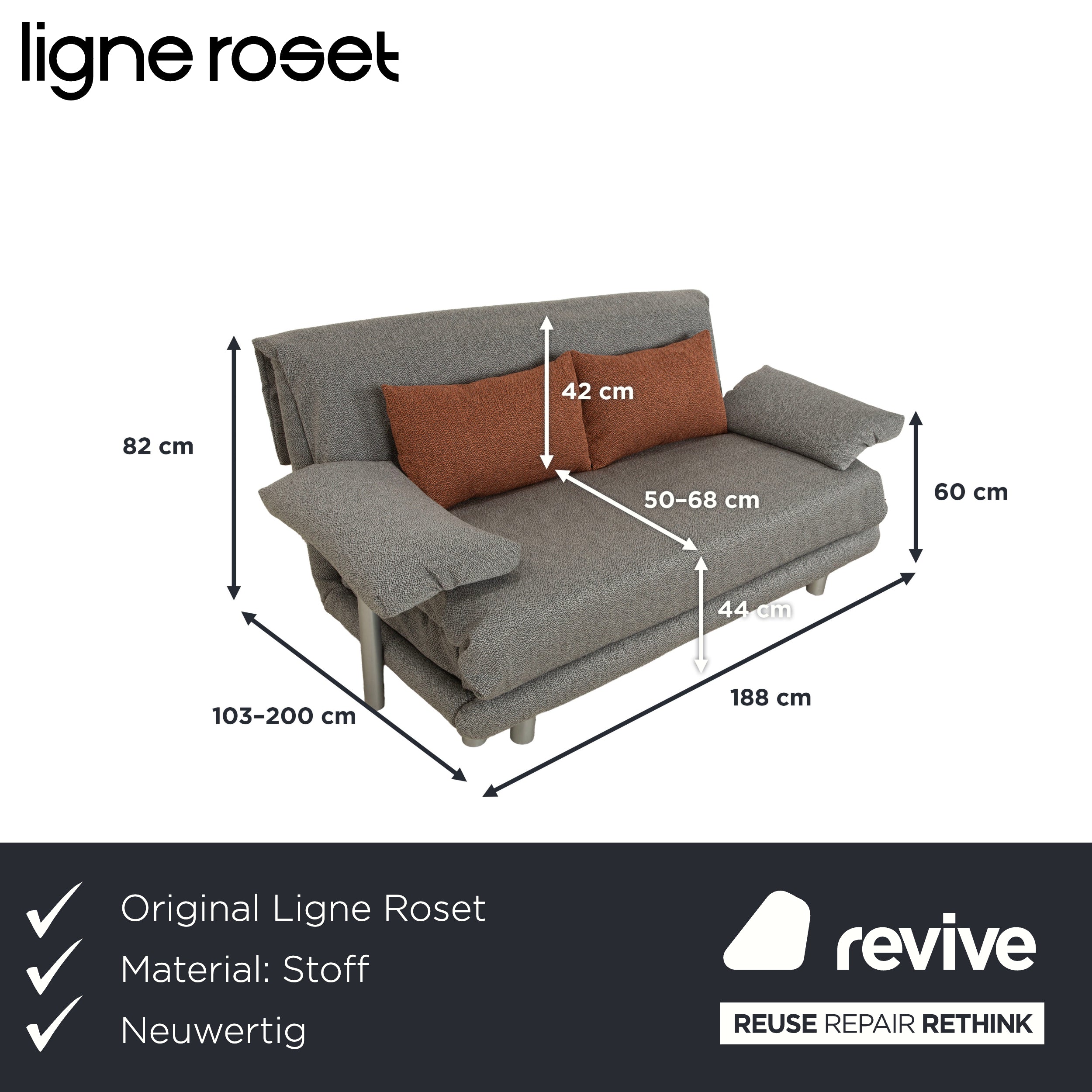 Ligne Roset Multy Stoff Dreisitzer Grau manuelle Schlaffunktion Sofa Couch Neubezug inkl. Armlehnen