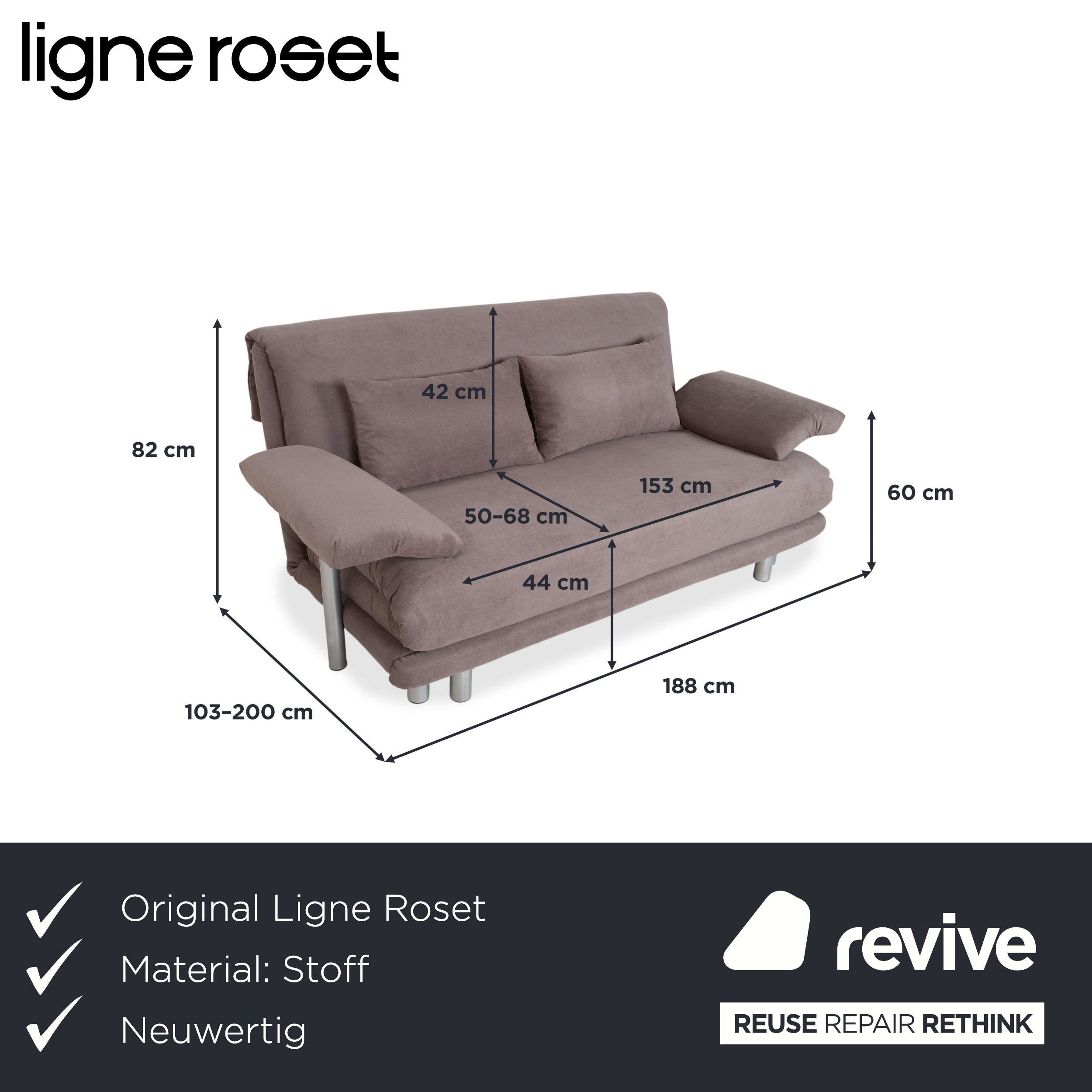Ligne Roset Multy Tissu Trois places Gris Taupe Fonction couchage manuel Canapé Refait à neuf