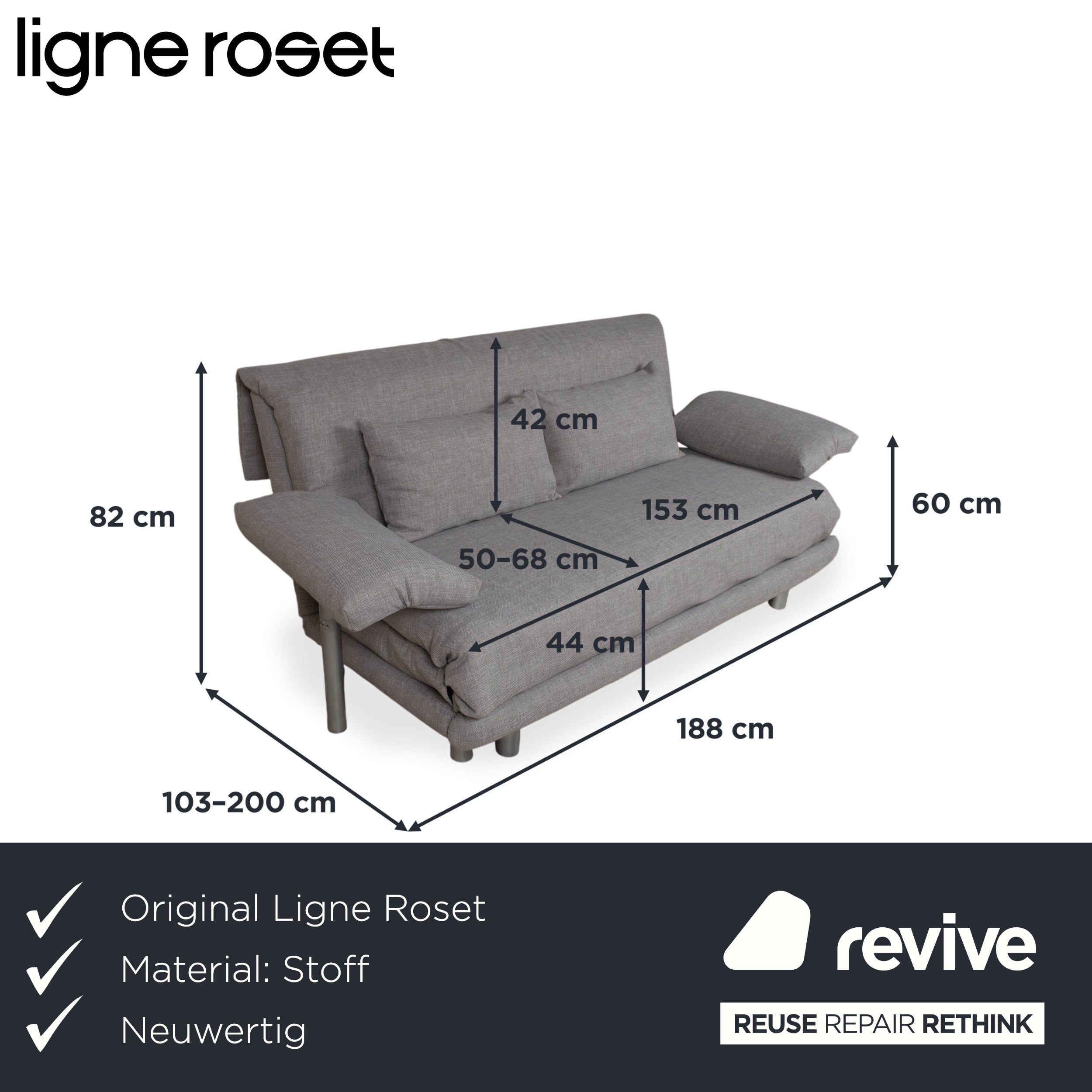 Ligne Roset Multy Stoff Dreisitzer Grau Sofa Couch manuelle Funktion Neubezug mit Armlehnen VIVO 601