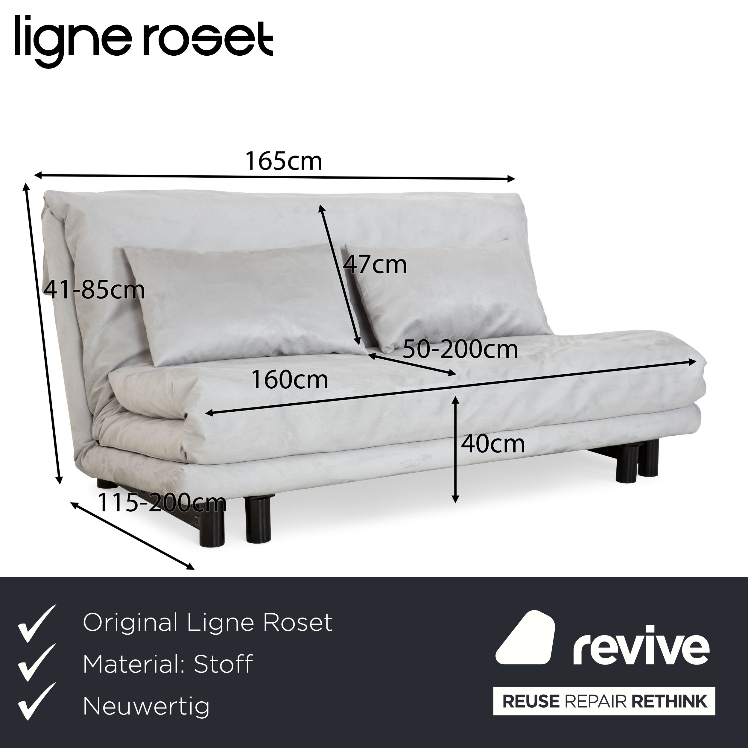 Ligne roset Canapé lit 3 places en tissu Multy gris bleu fonction manuelle housse neuve