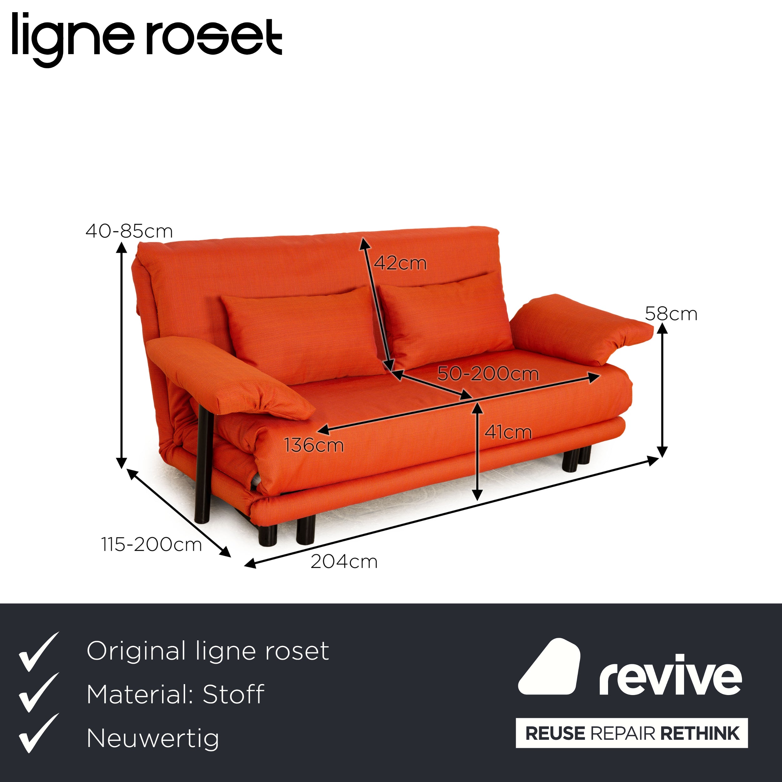 Ligne Roset Multy Fabric Three-Seater Orange Sofa Couch with Armrests Sleeper Function New Upholstery
