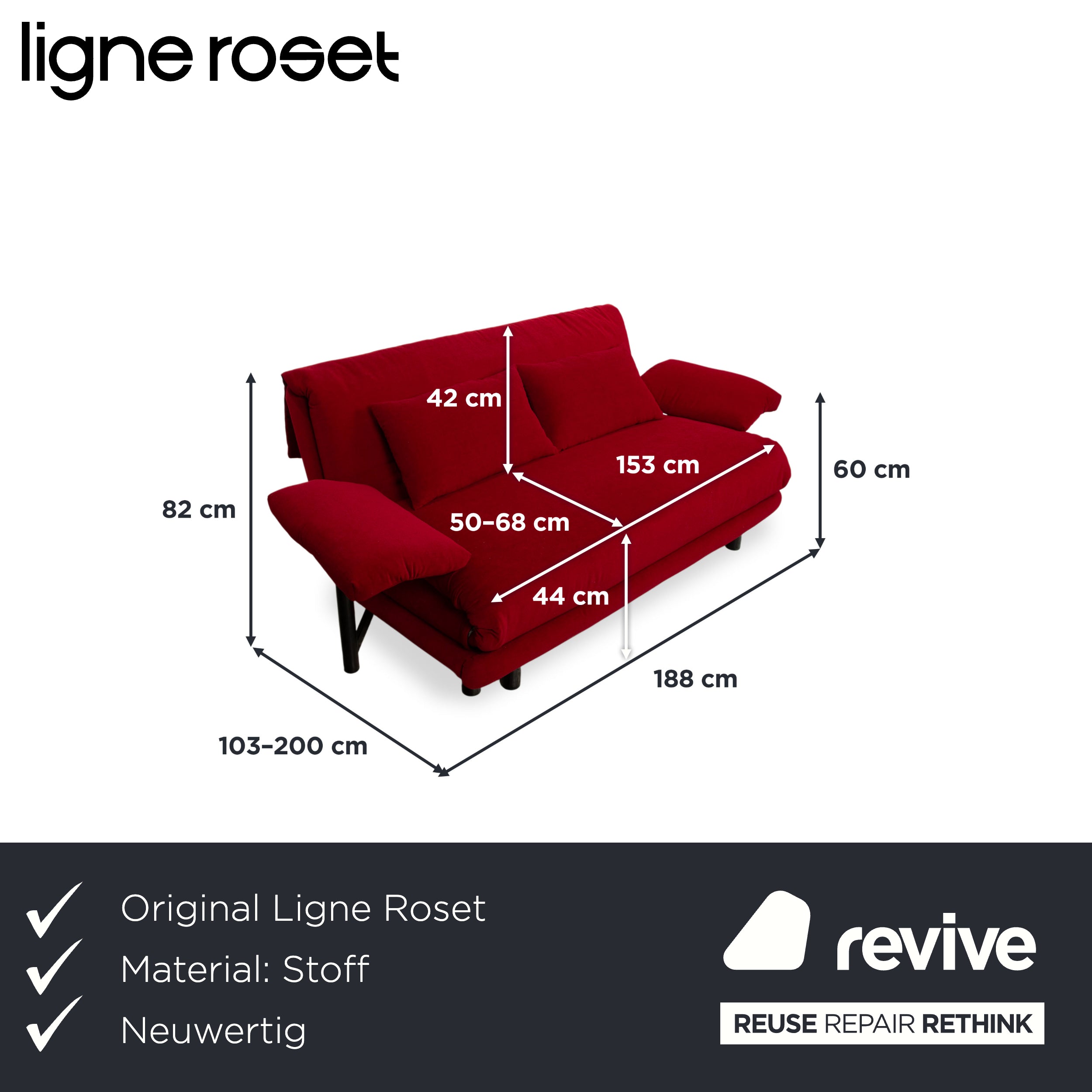 Sofá de tela rojo de 3 plazas Ligne Roset Multy, con reposabrazos y función cama, tapizado nuevo MALOU 138