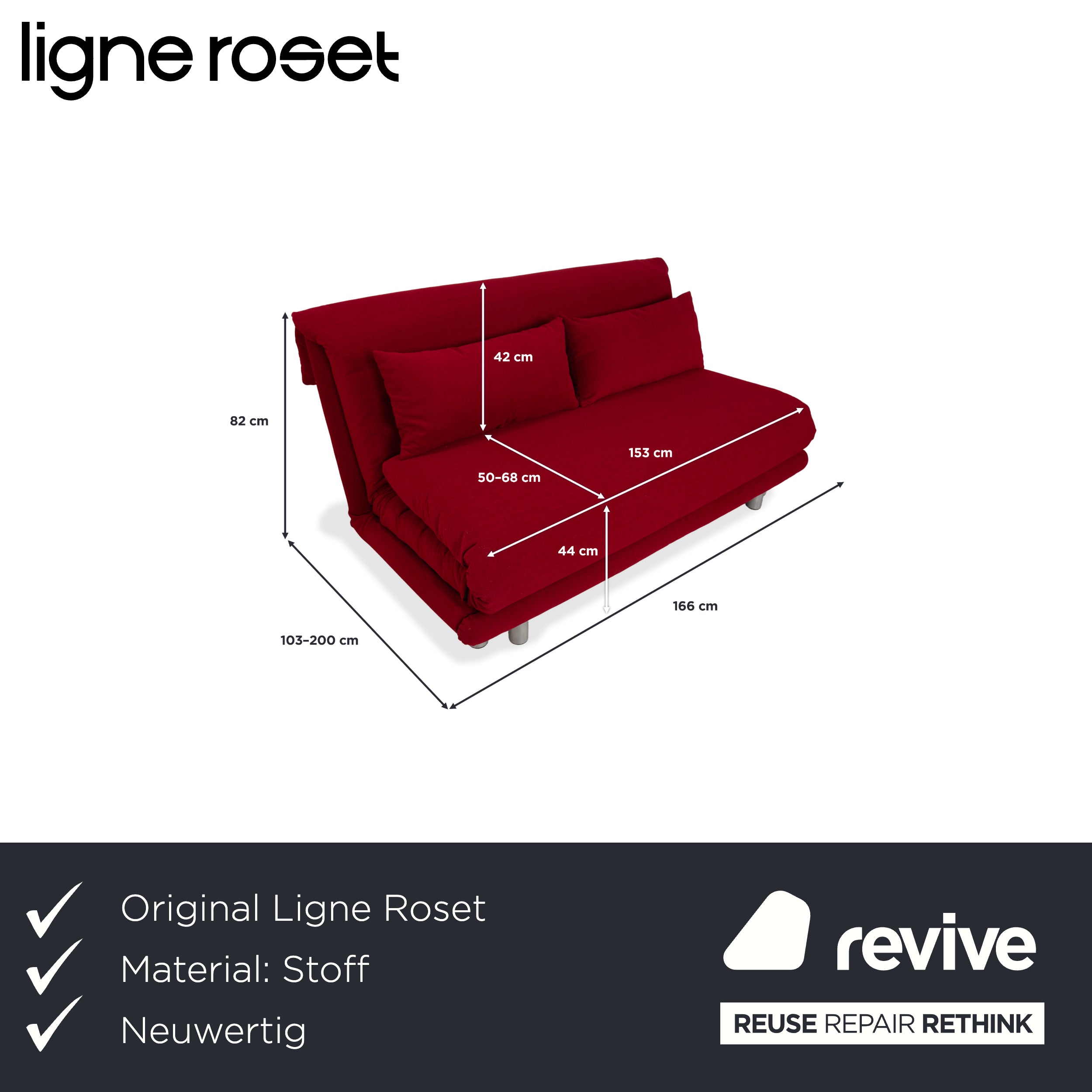 Ligne Roset Multy Dreisitzer Stoff Rot Silber manuelle Schlaffunktion Schlafsofa Couch Neubezug