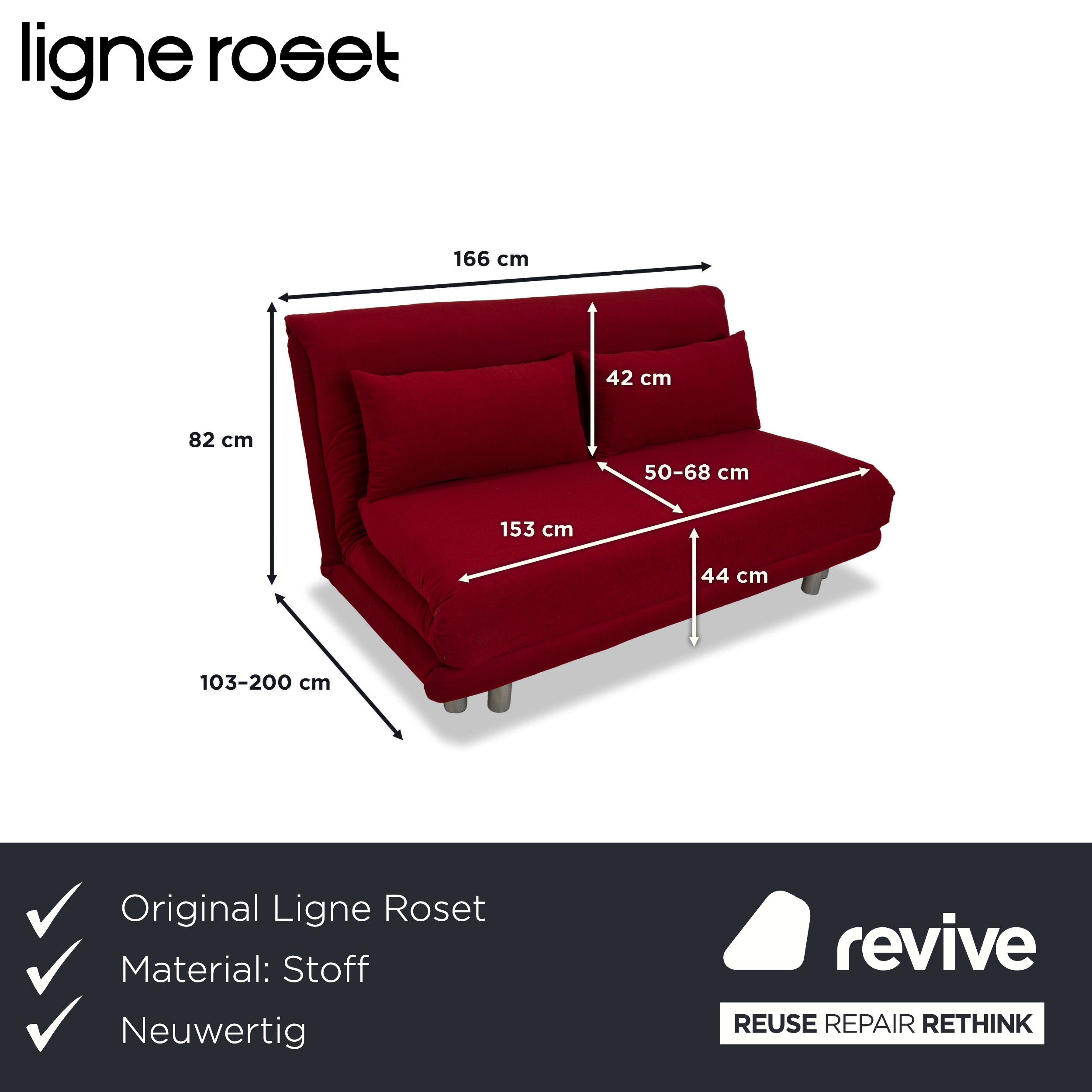 Ligne Roset Multy Stoff Dreisitzer Rot manuelle Schlaffunktion Sofa Couch Gestell Silber Neubezug MALOU 138