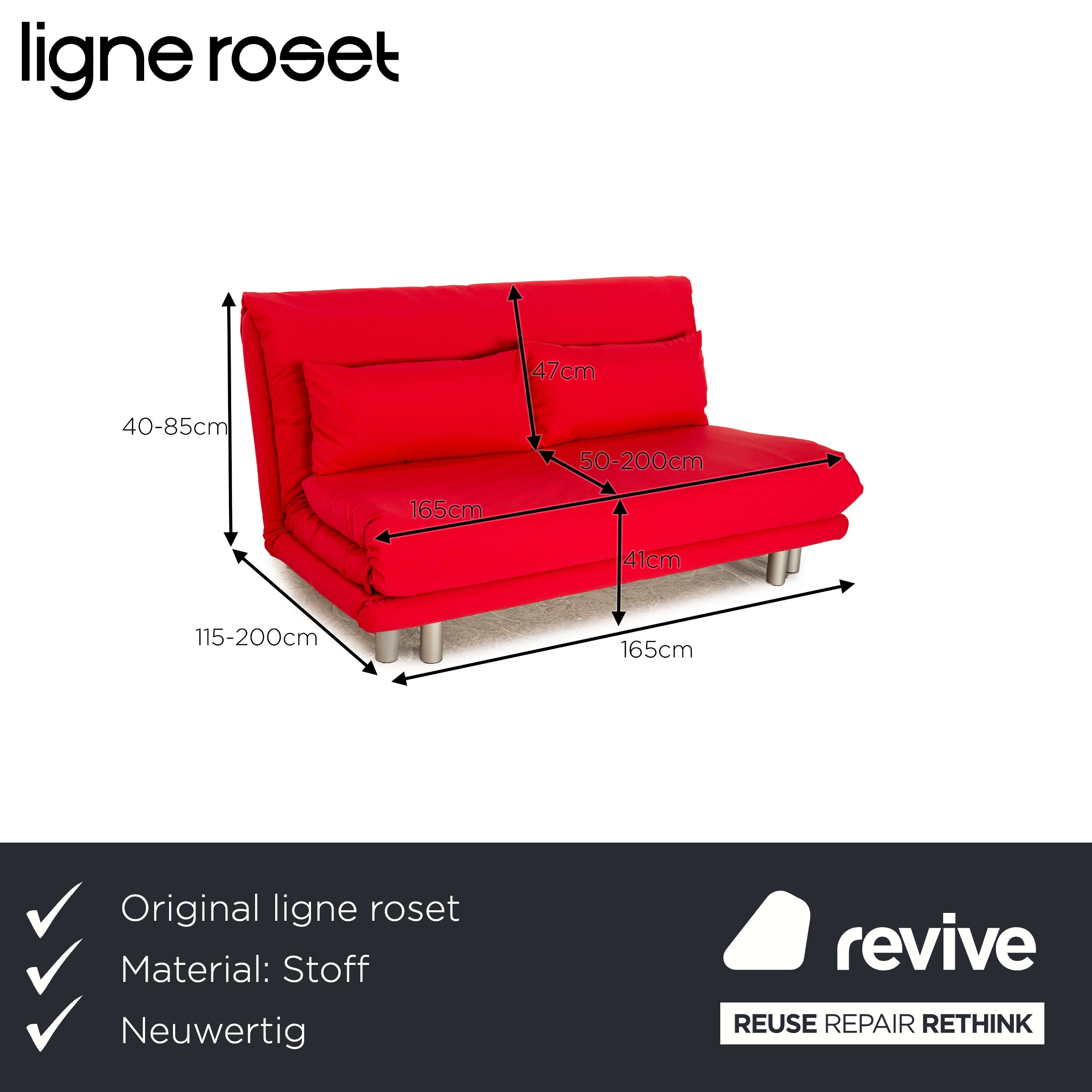 ligne roset Multy Stoff Dreisitzer Rot Sofa Couch manuelle Funktion Schlaffunktion Neubezug