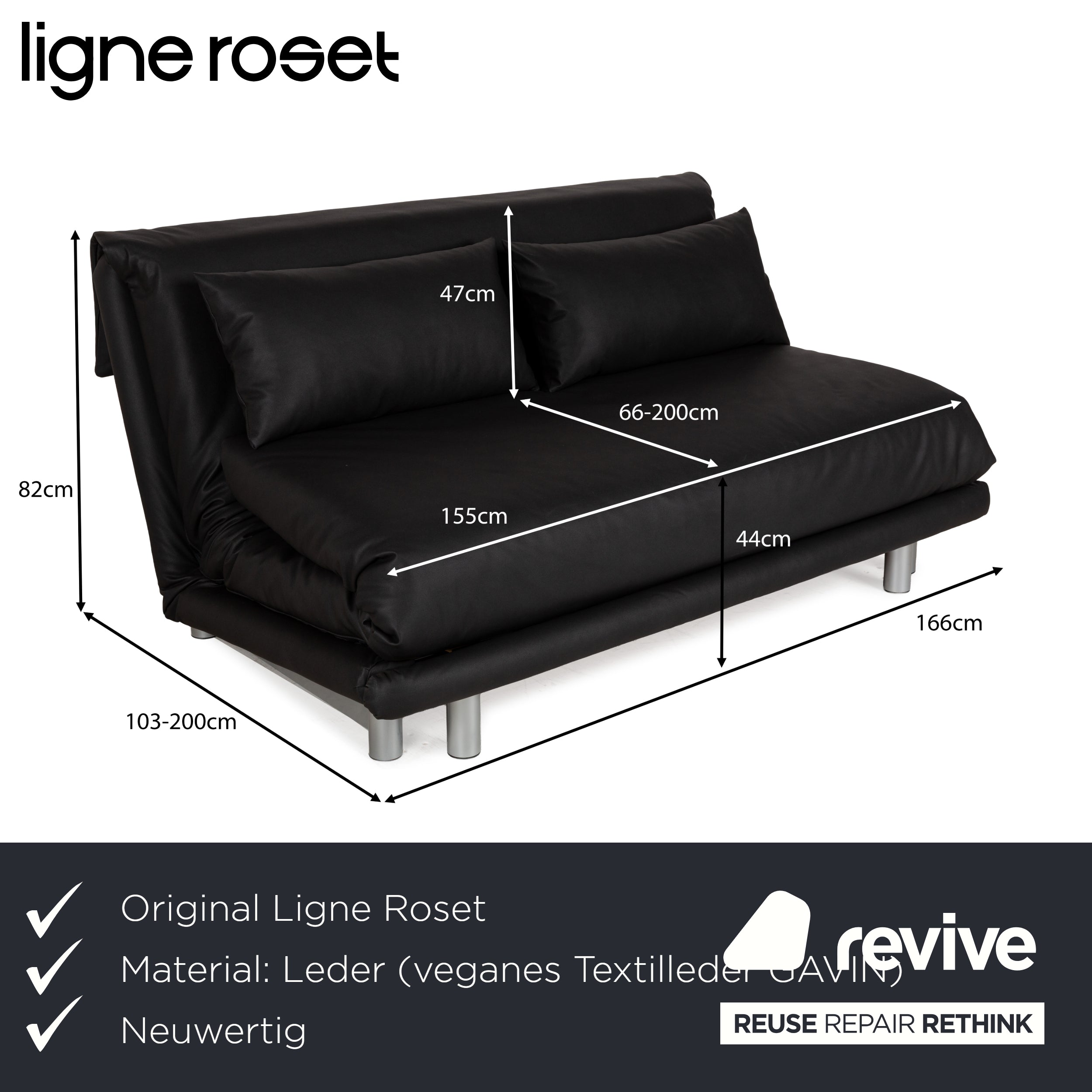 Ligne Roset Multy fabric three-seater black anthracite manual function sofa couch sofa bed vegan textile leather new cover