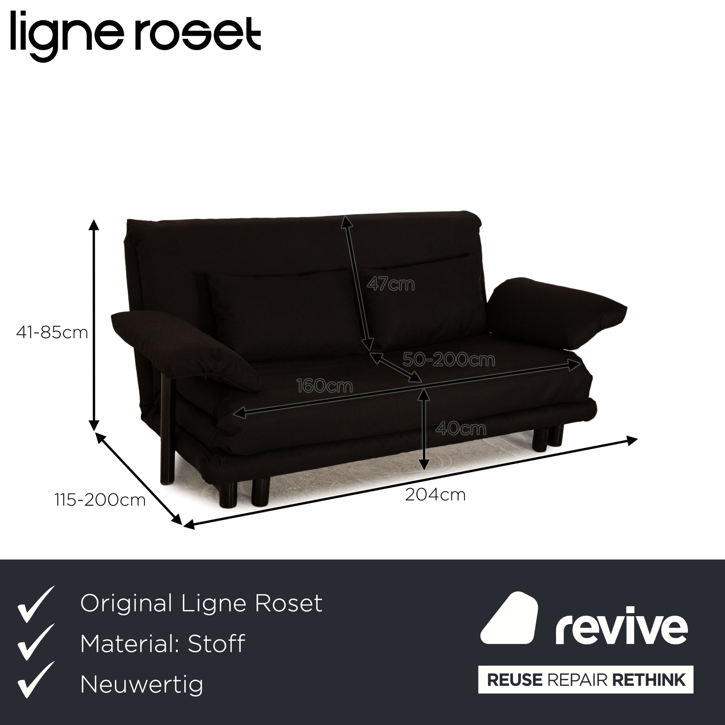 Ligne Roset Multy fabric three-seater black sofa couch sofa bed including armrests new cover