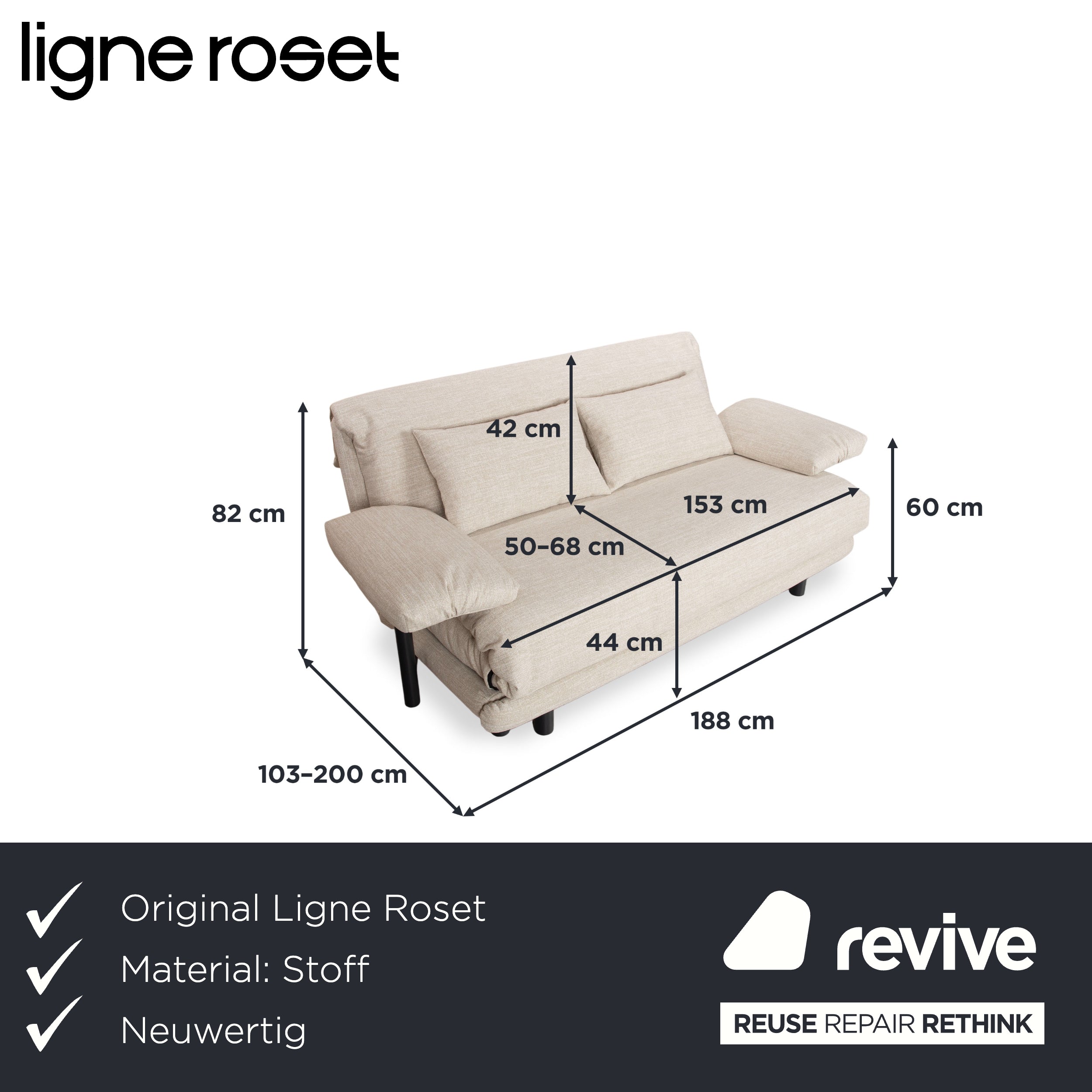 Ligne Roset Multy Stoff Dreisitzer Sofa Beige Couch manuelle Schlaffunktion inkl. Armlehnen Neubezug PALMA PRO 4600