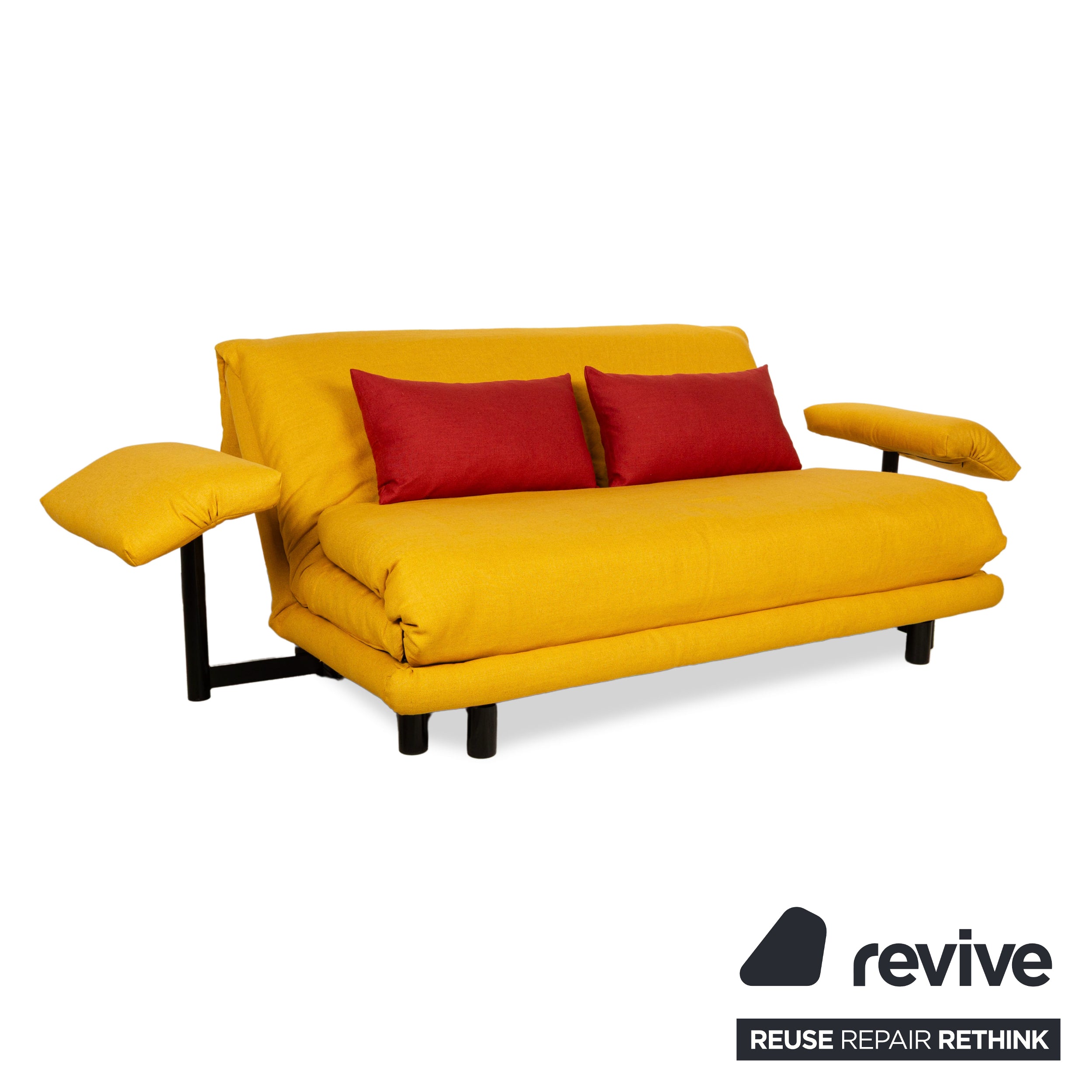 Ligne Roset Multy Three-Seater Armrests Fabric Yellow Red Black Manual Sleep Function Sofa Bed Reupholstered