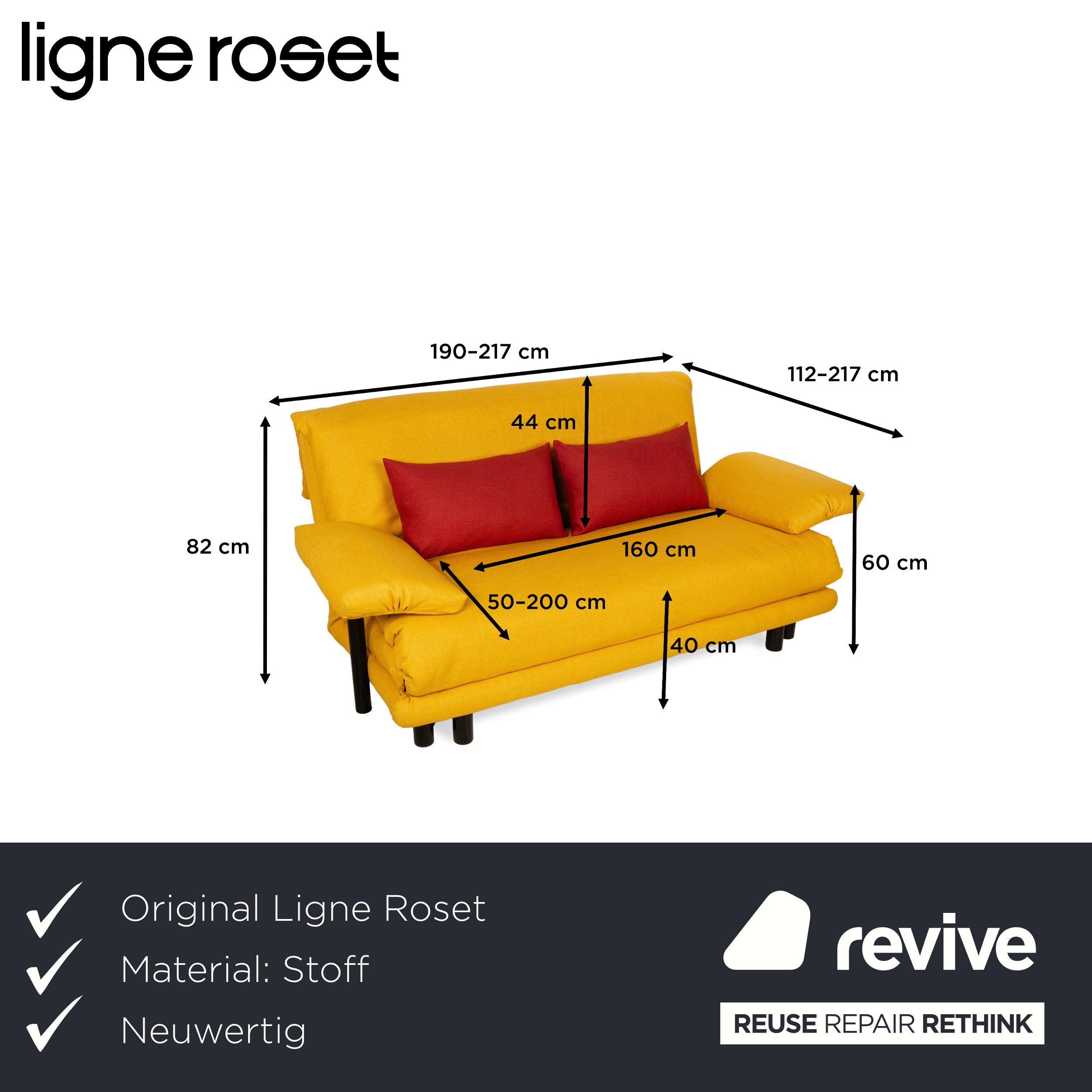 Ligne Roset Multy Three-Seater Armrests Fabric Yellow Red Black Manual Sleep Function Sofa Bed Reupholstered