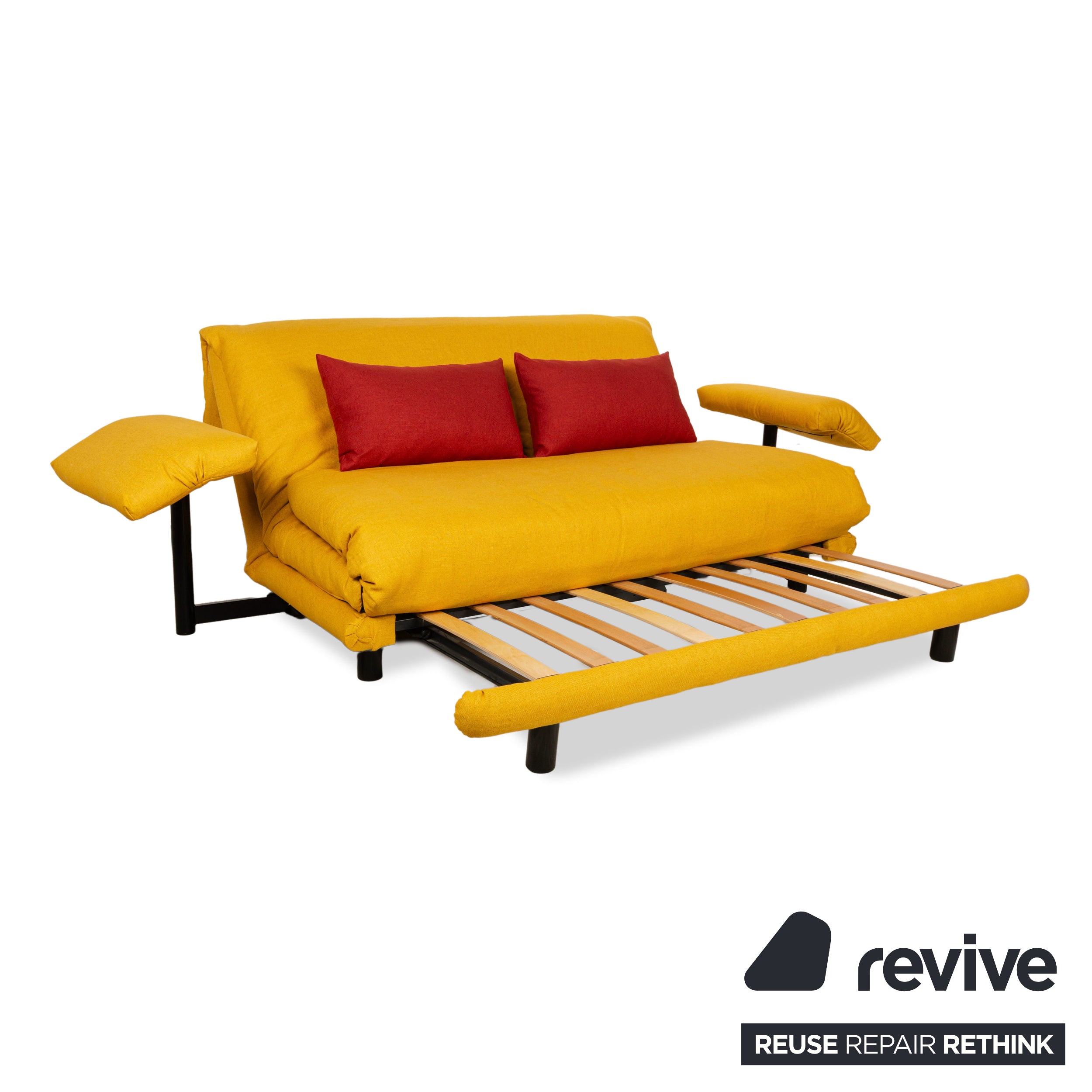 Ligne Roset Multy Three-Seater Armrests Fabric Yellow Red Black Manual Sleep Function Sofa Bed Reupholstered