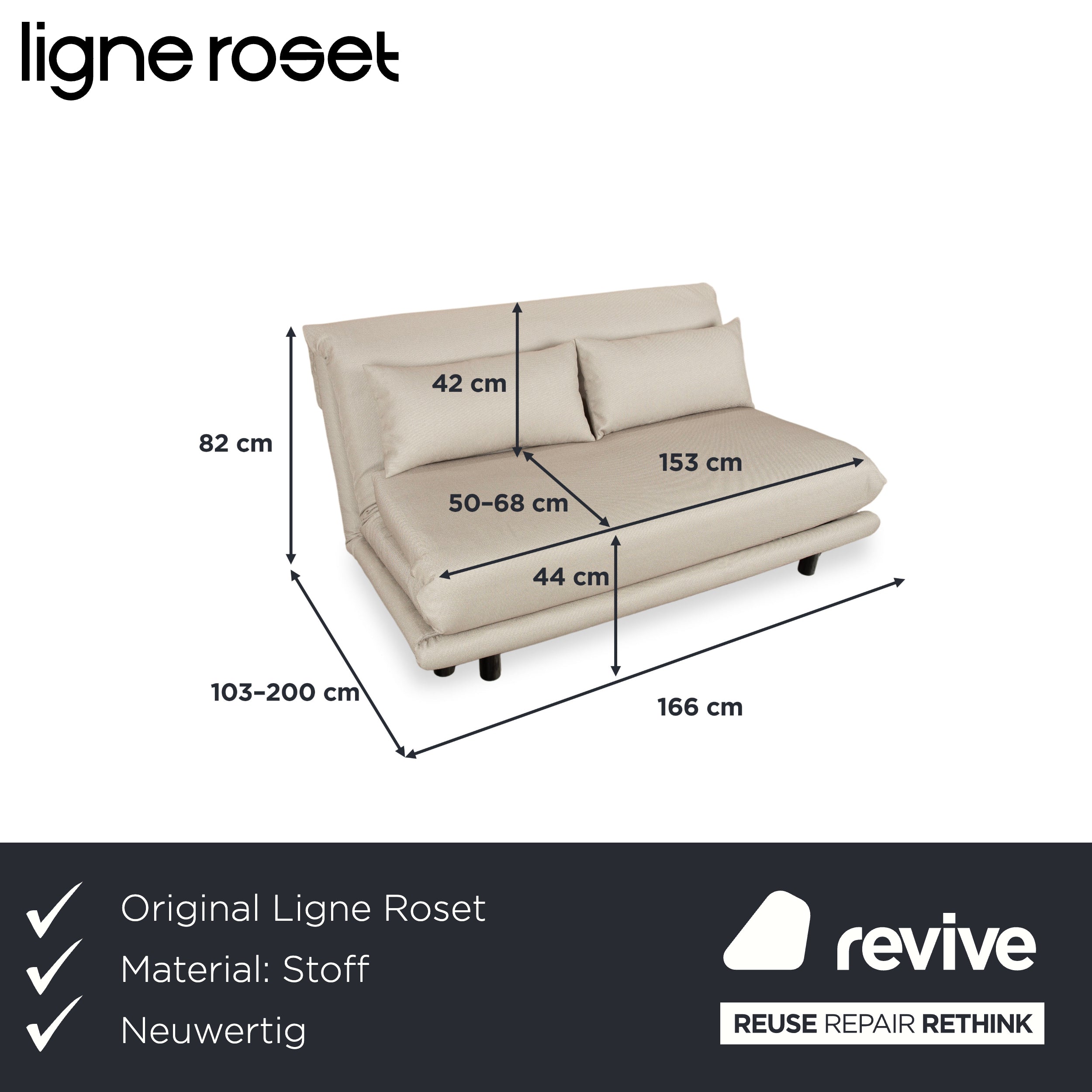 Ligne Roset Multy Stoff Dreisitzer Sofa Couch manuelle Schlaffunktion Creme Beige Neubezug BENDIGO 5108