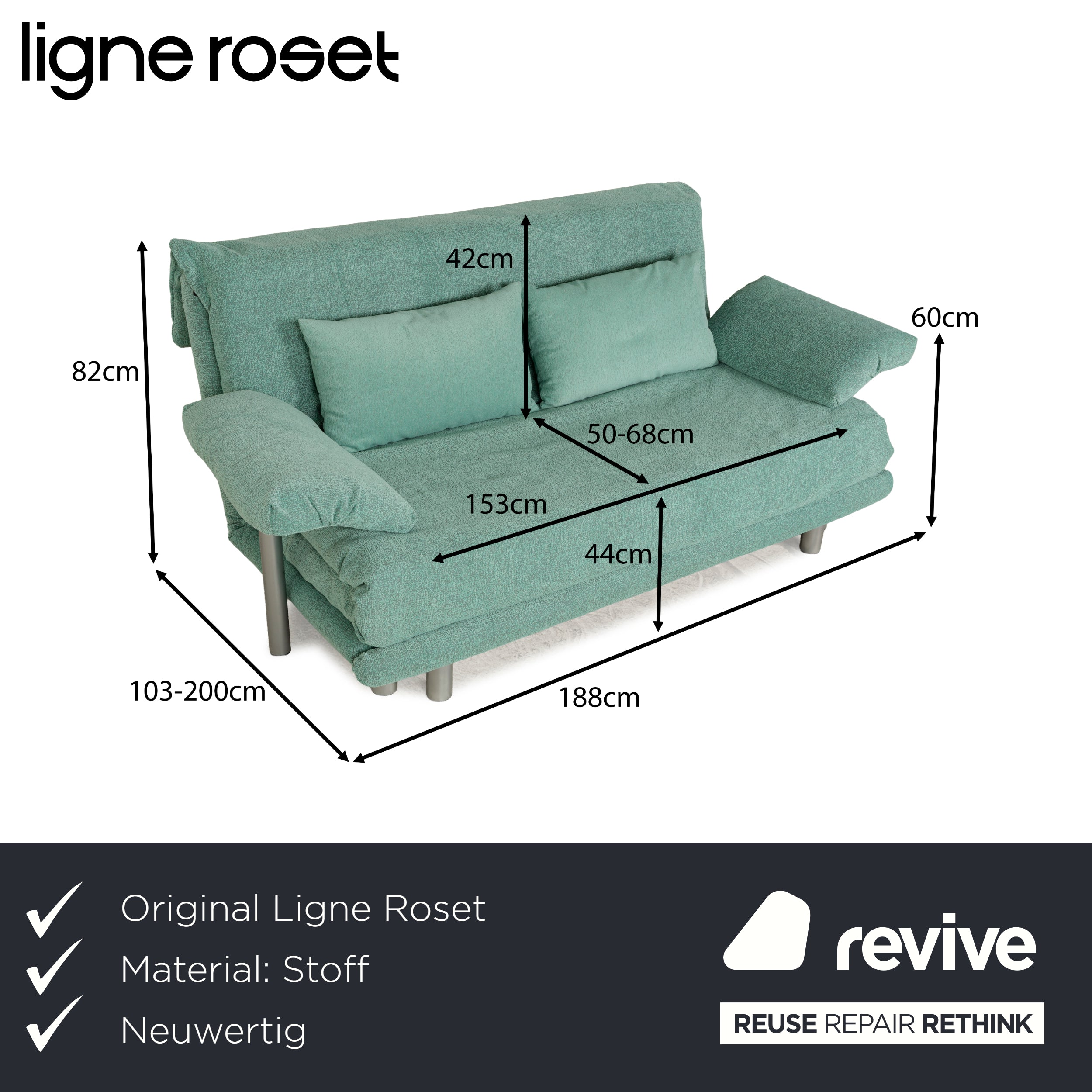 Canapé-lit trois places Ligne Roset Multy en tissu vert turquoise, housse neuve
