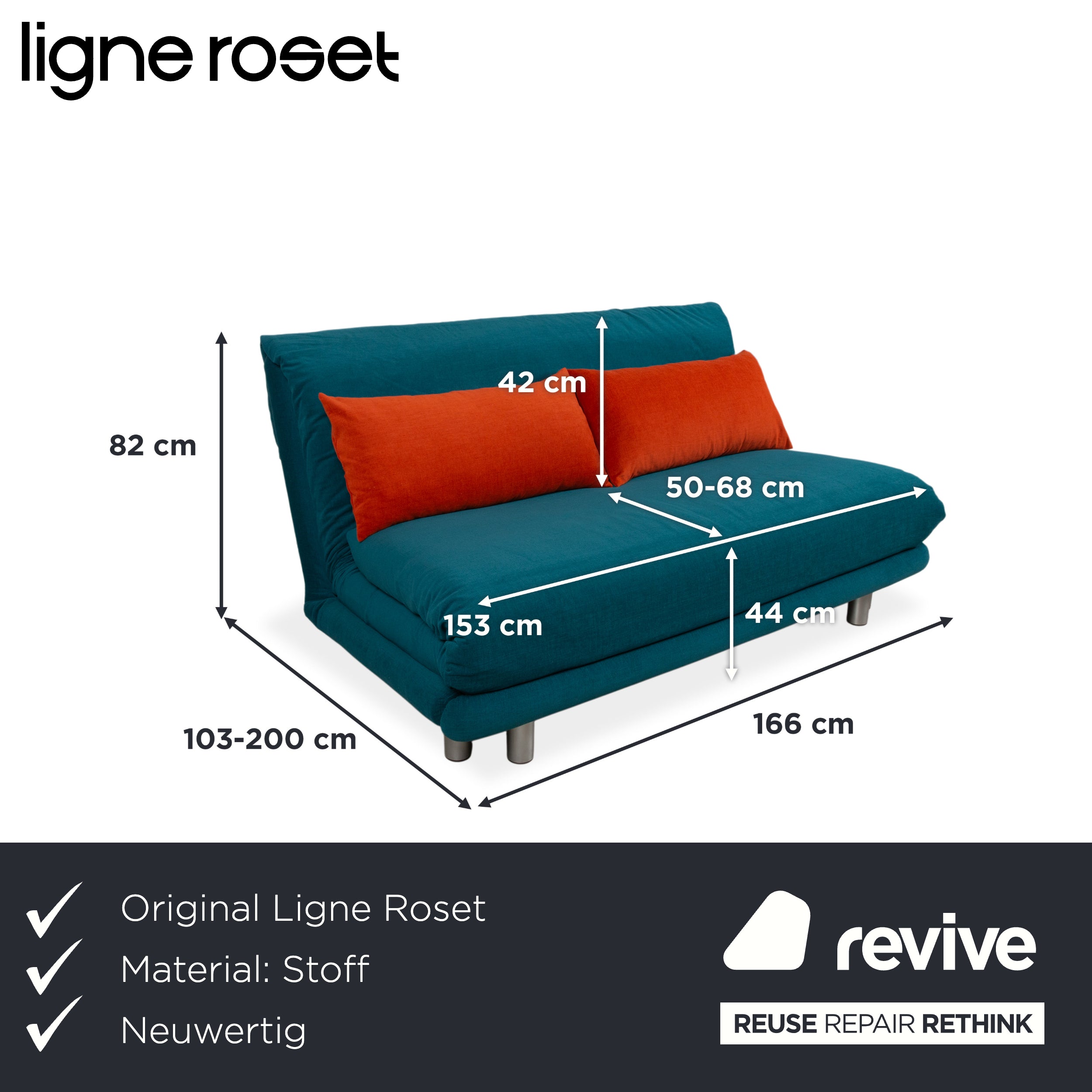 Ligne Roset Multy Stoff Dreisitzer Türkis Petrol Blau manuelle Schlaffunktion Sofa Couch Neubezug MALOU 162