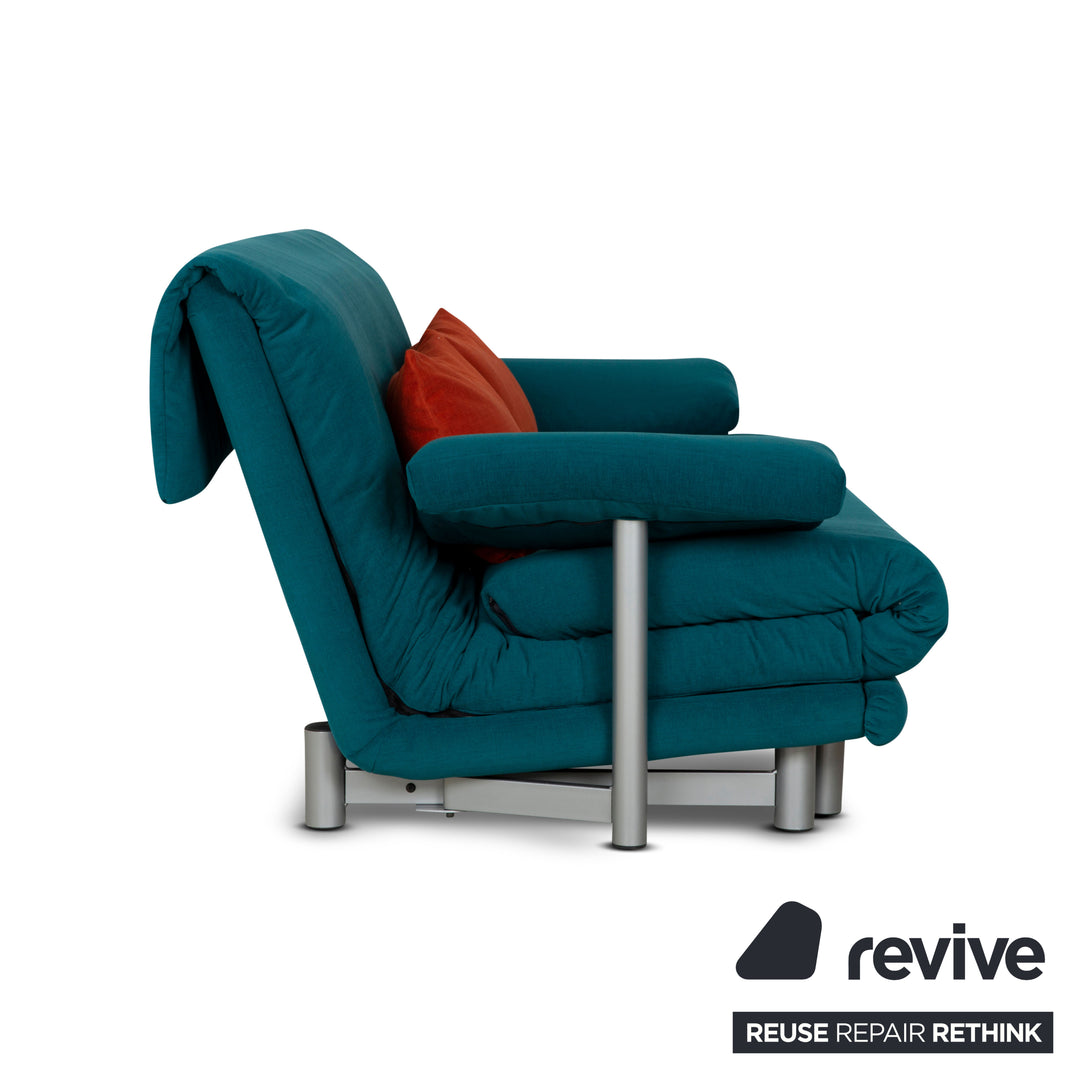 Canapé trois places Ligne Roset Multy en tissu turquoise, fonction convertible, retapissé avec accoudoirs inclus
