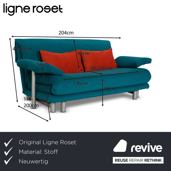 Canapé trois places Ligne Roset Multy en tissu turquoise, fonction convertible, retapissé avec accoudoirs inclus