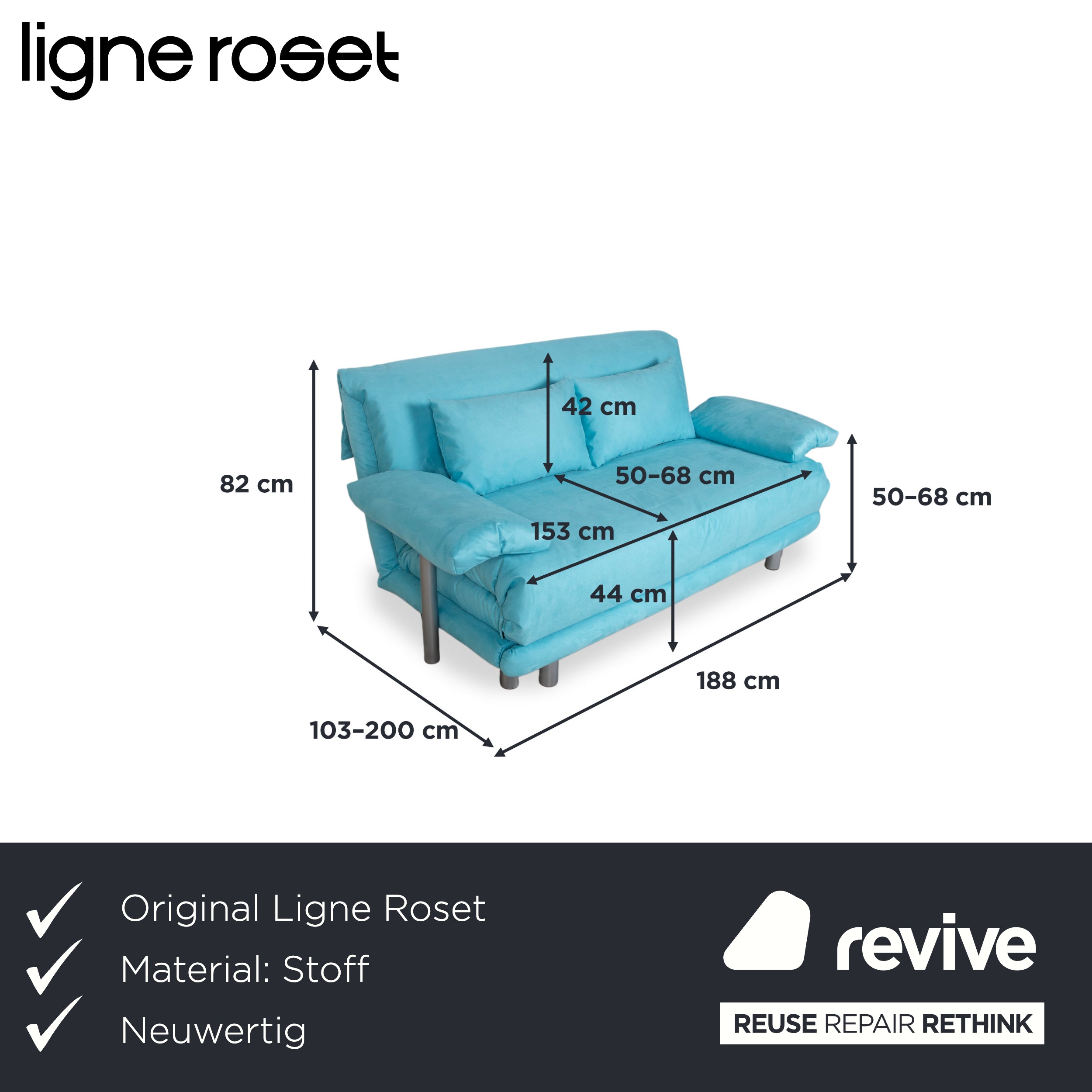Ligne Roset Multy Fabric Three-Seater Turquoise Blue Sofa Couch Manual Function Sofa Bed New Upholstery MEMPHIS 734