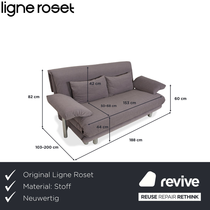 Ligne Roset Multy fabric grey three-seater sofa including armrests, manual sleeping function, reupholstered