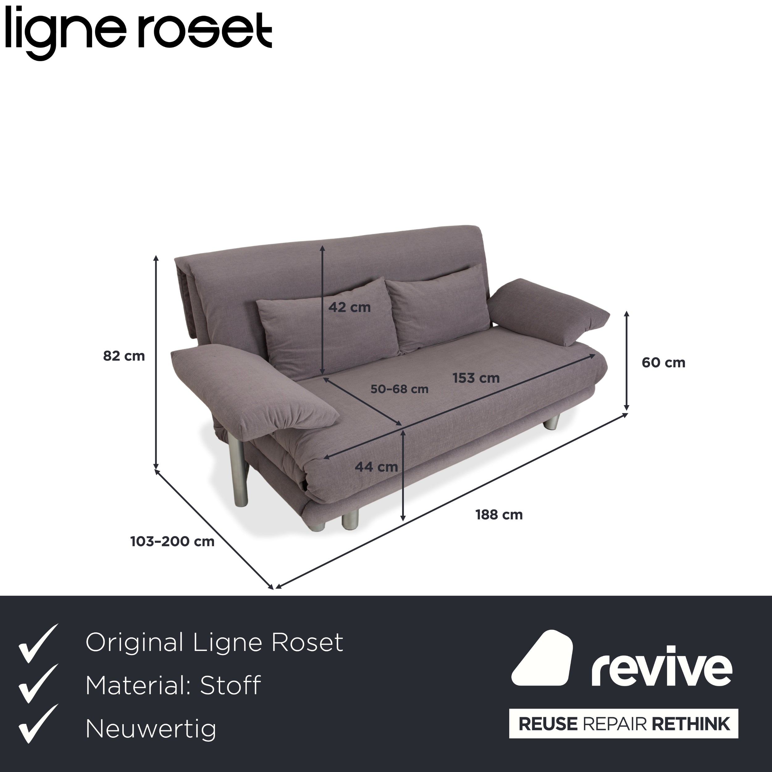 Ligne Roset Multy Dreisitzer Armlehnen Stoff Grau Beige Siber manuelle Schlaffunktion Schlafsofa Couch Neubezug