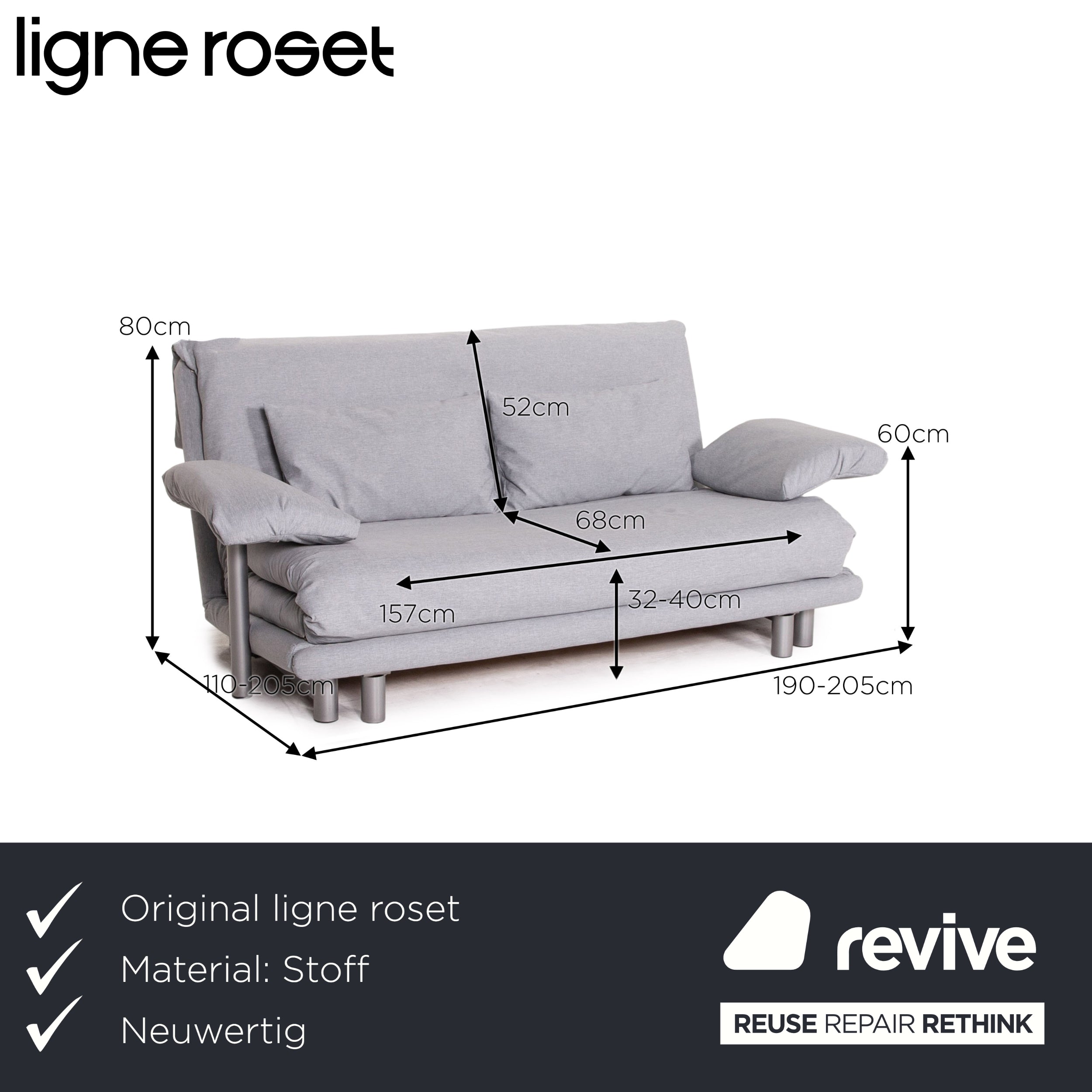 Ligne roset Canapé lit 3 places en tissu Multy gris fonction sommeil canapé housse neuve