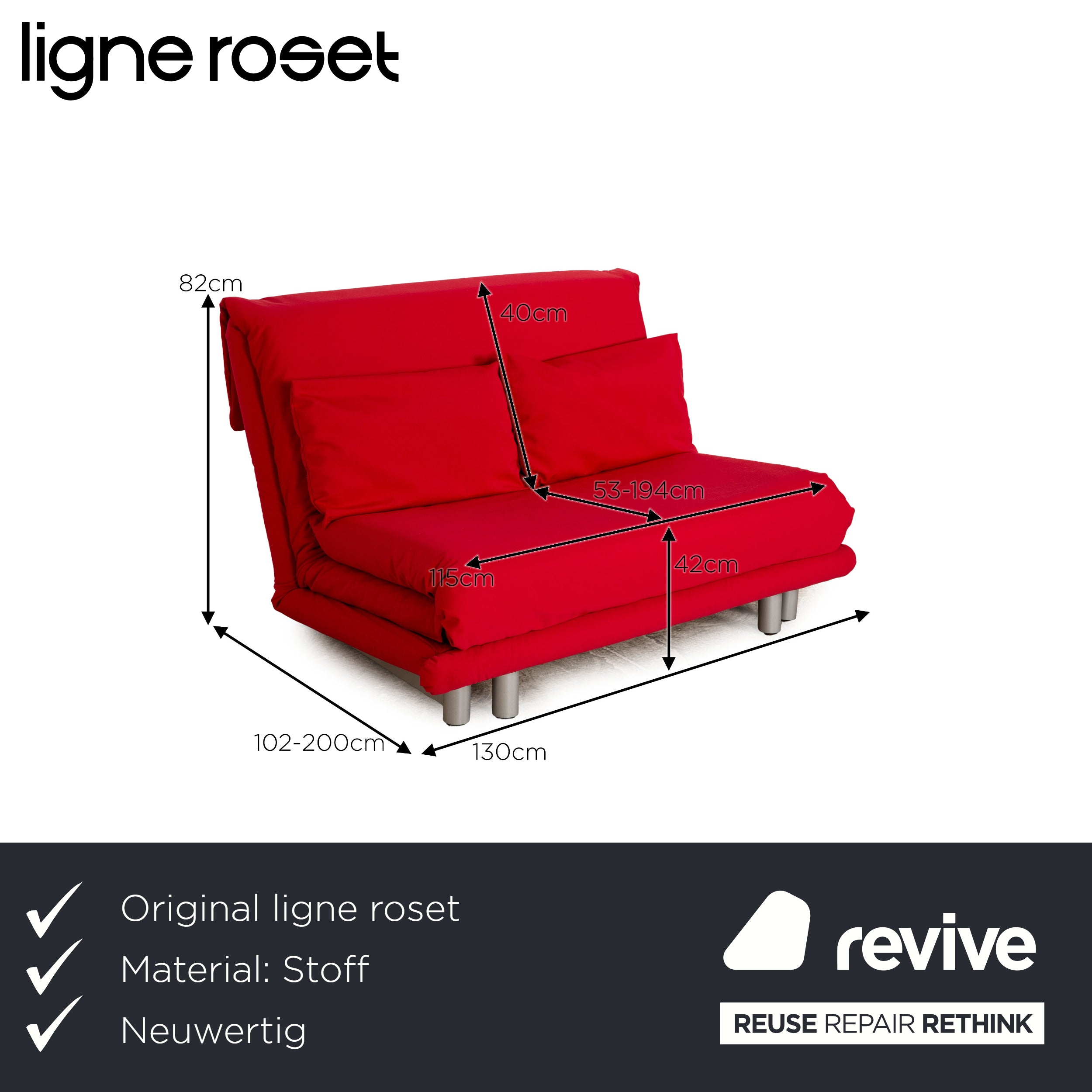 Ligne roset Canapé lit en tissu Multy rouge, 2 places, fonction sommeil, housse neuve