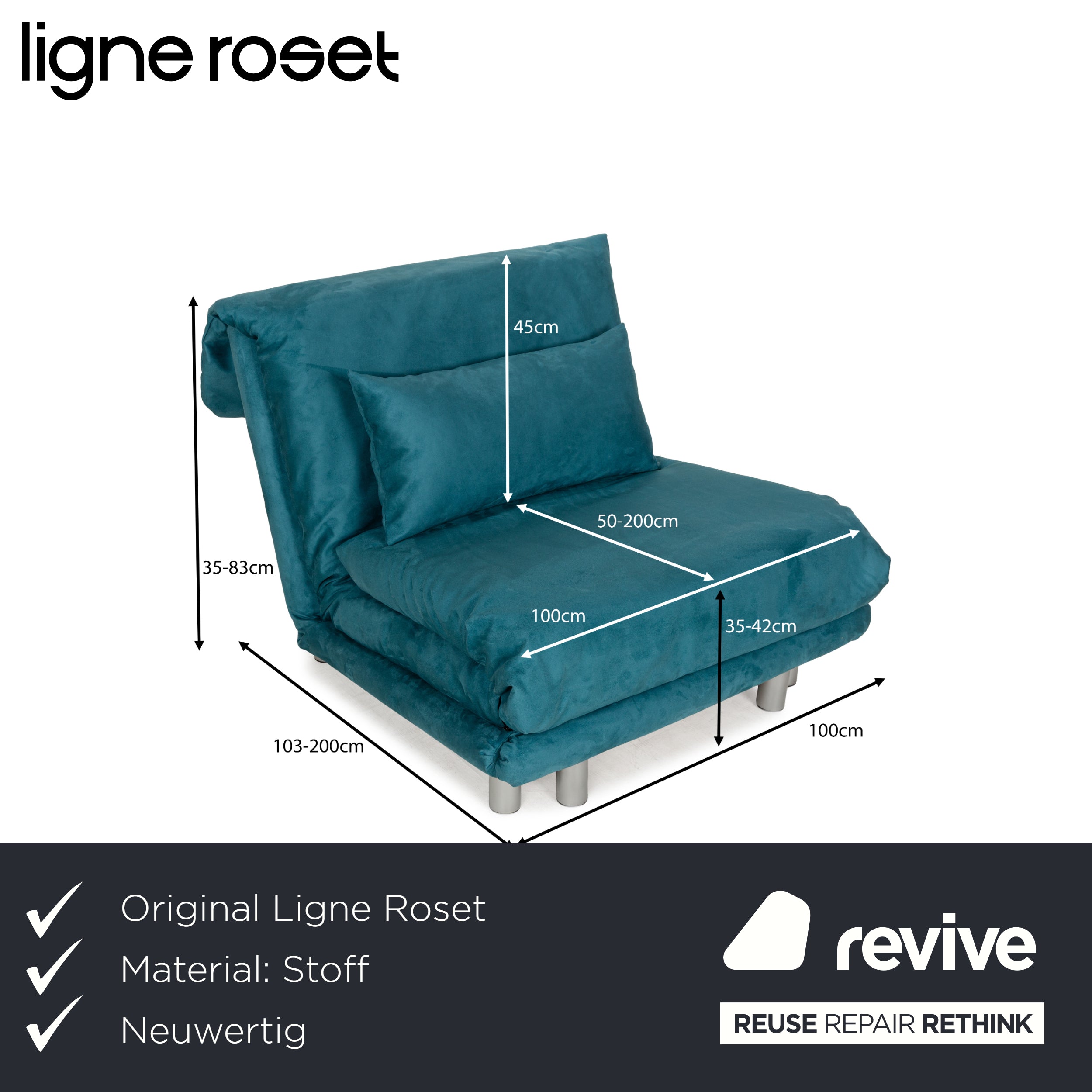 Fauteuil Ligne Roset Multy en tissu bleu pétrole fonction couchage nouvelle housse