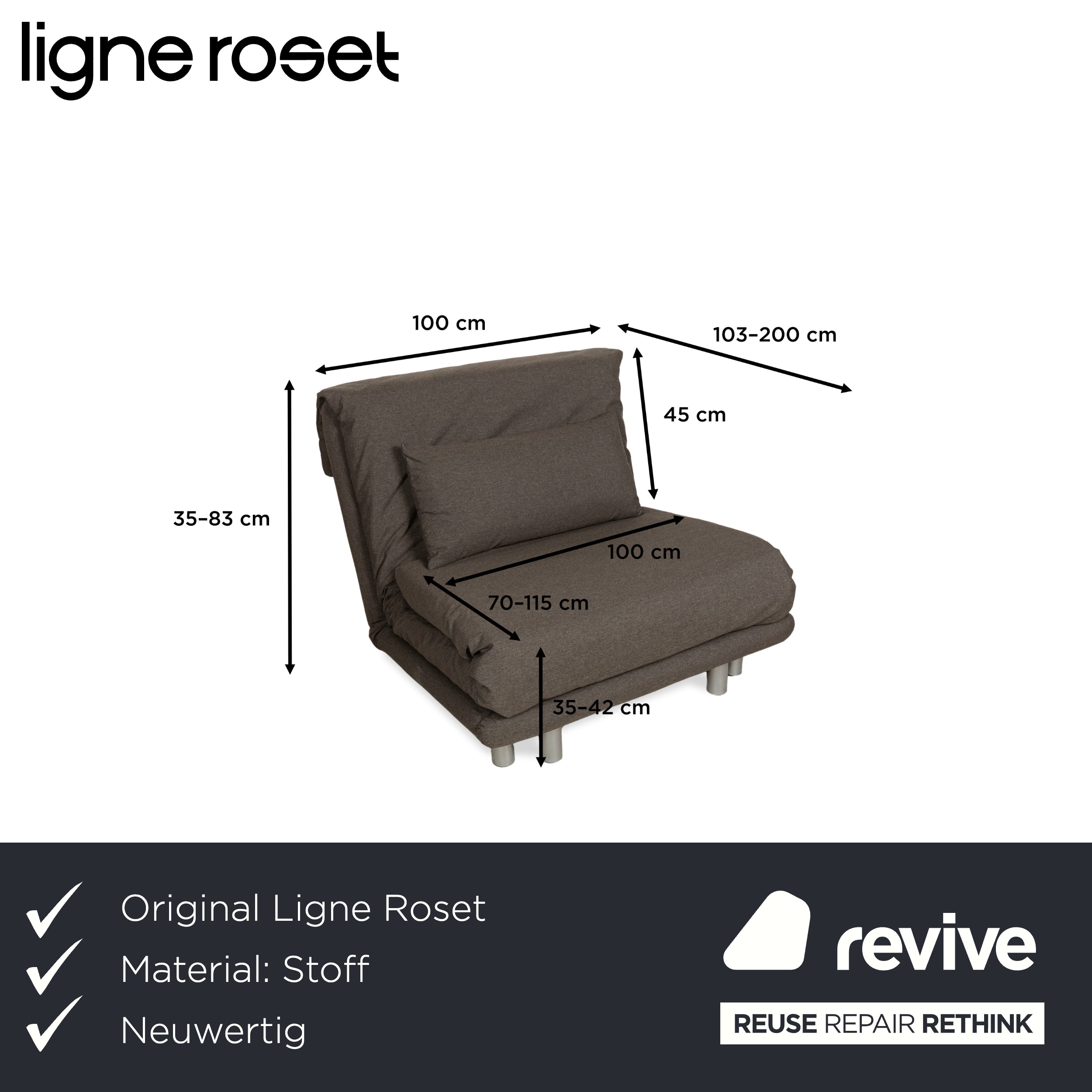 Fauteuil ligne roset Multy en tissu gris neuf, housse, fonction manuelle