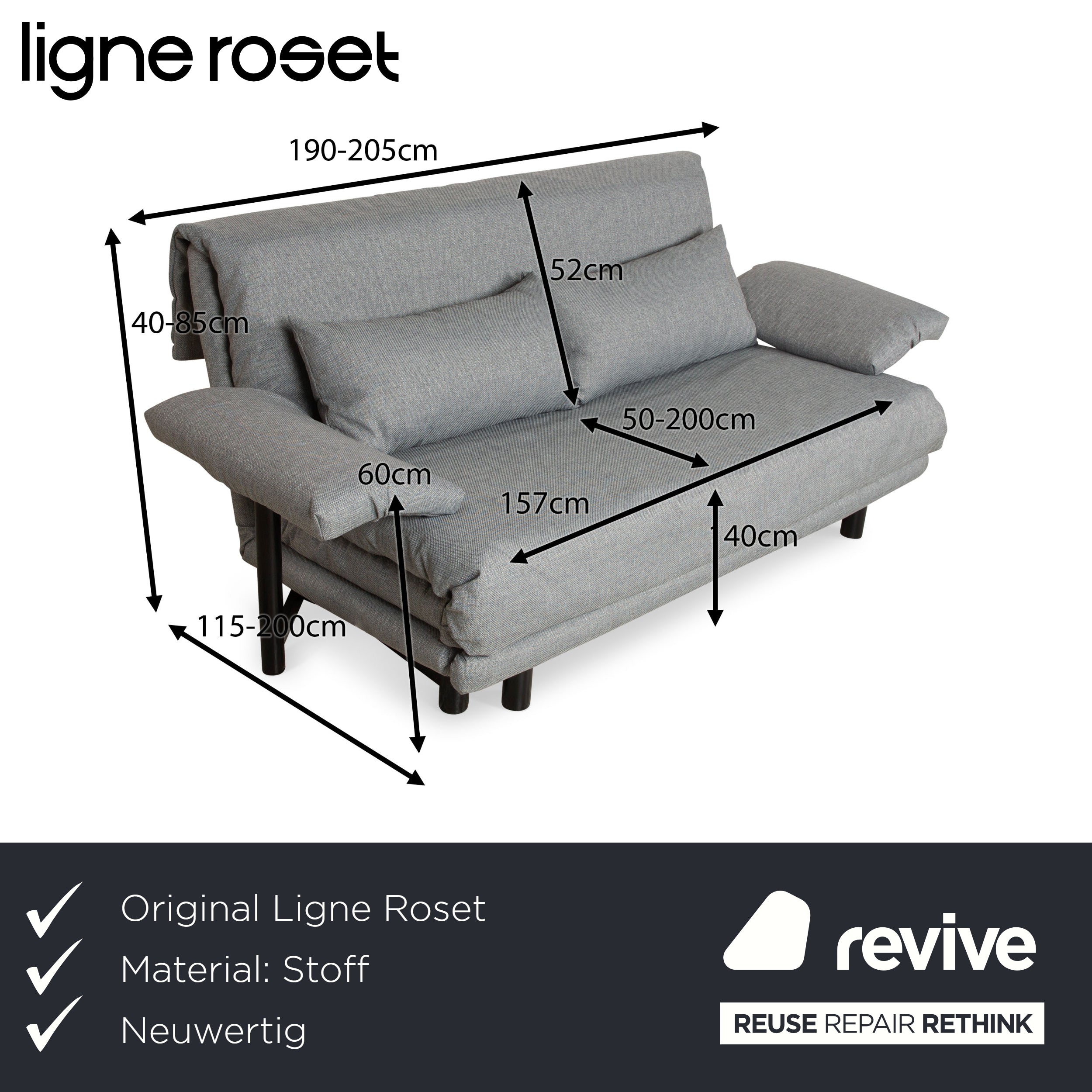 ligne roset Canapé 3 places en tissu Multy (VERANO 681) gris bleu gris fonction manuelle fonction sommeil canapé accoudoirs et coussins incl.