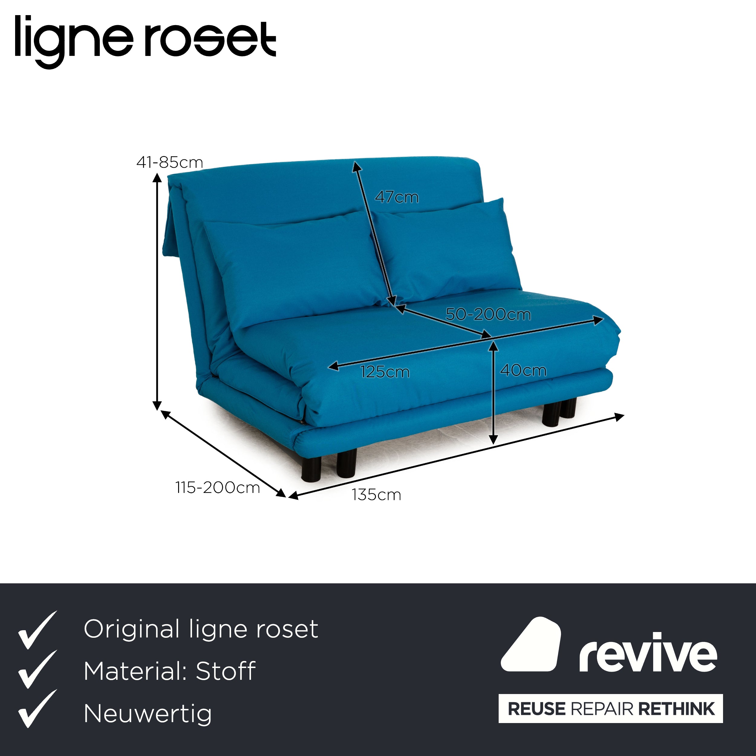 Ligne roset Canapé convertible 2 places en tissu Multy bleu sellerie neuve