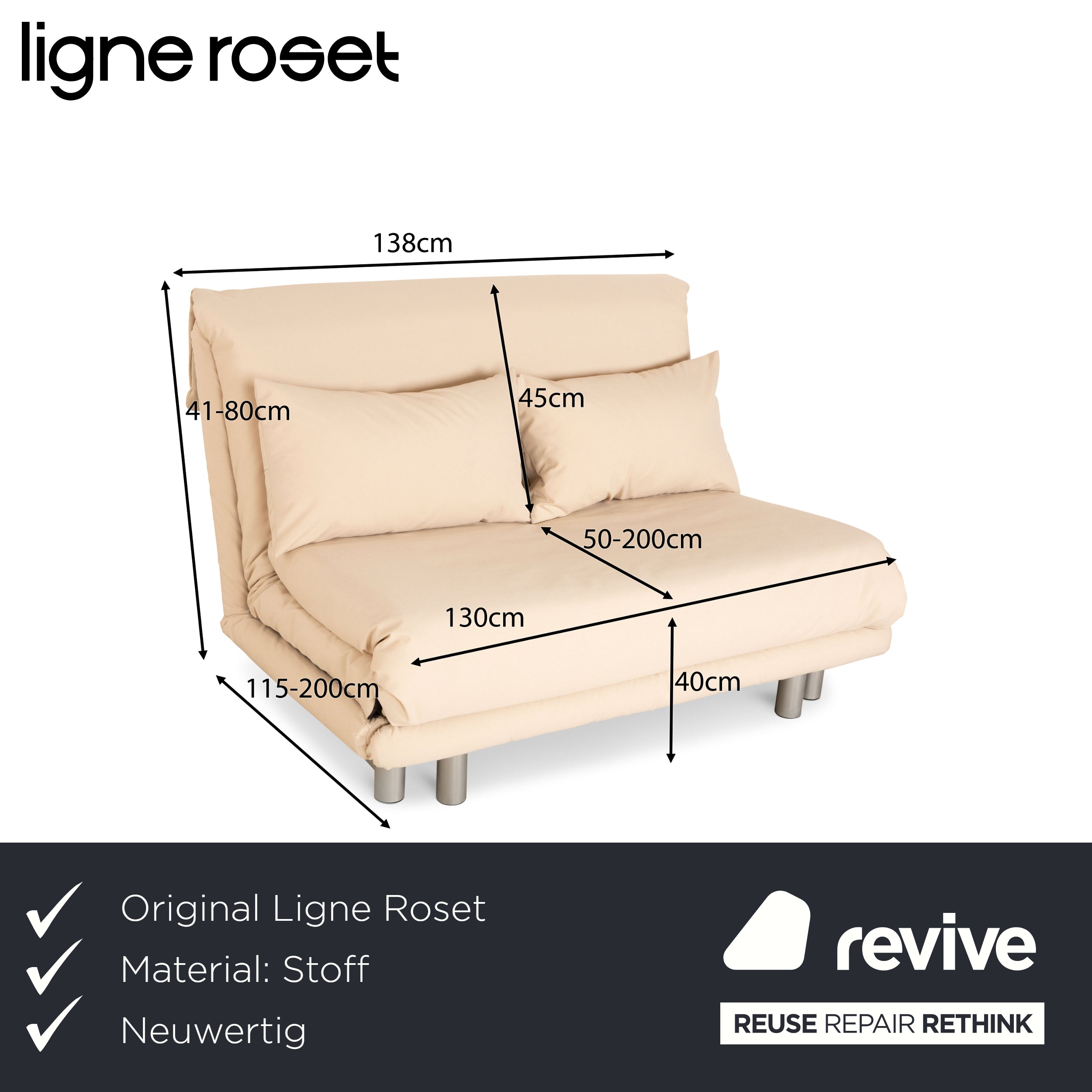 Ligne Roset Canapé-lit 2 places en tissu Multy beige crème retapissé