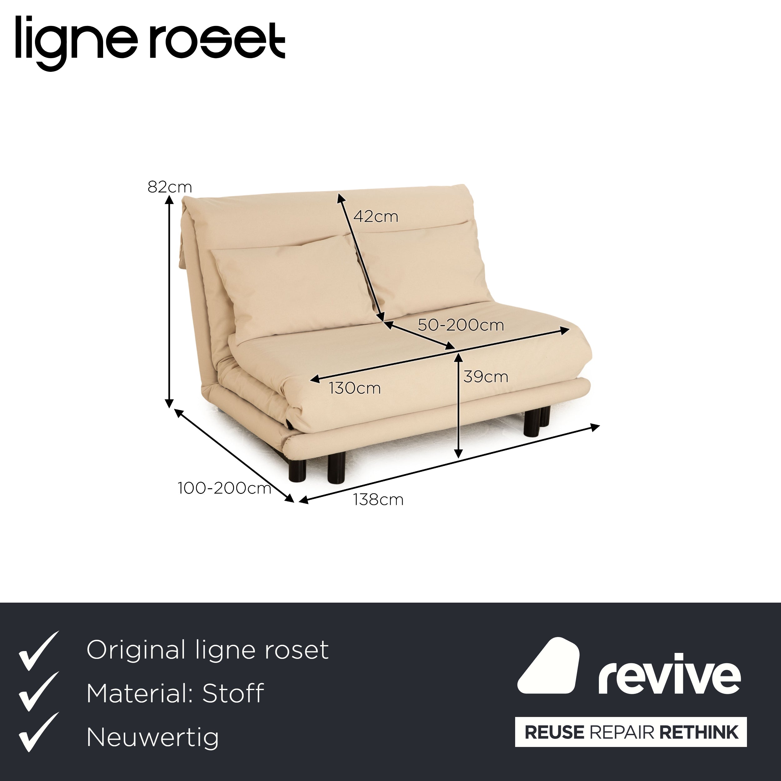 Ligne Roset Canapé-lit 2 places en tissu Multy beige crème retapissé