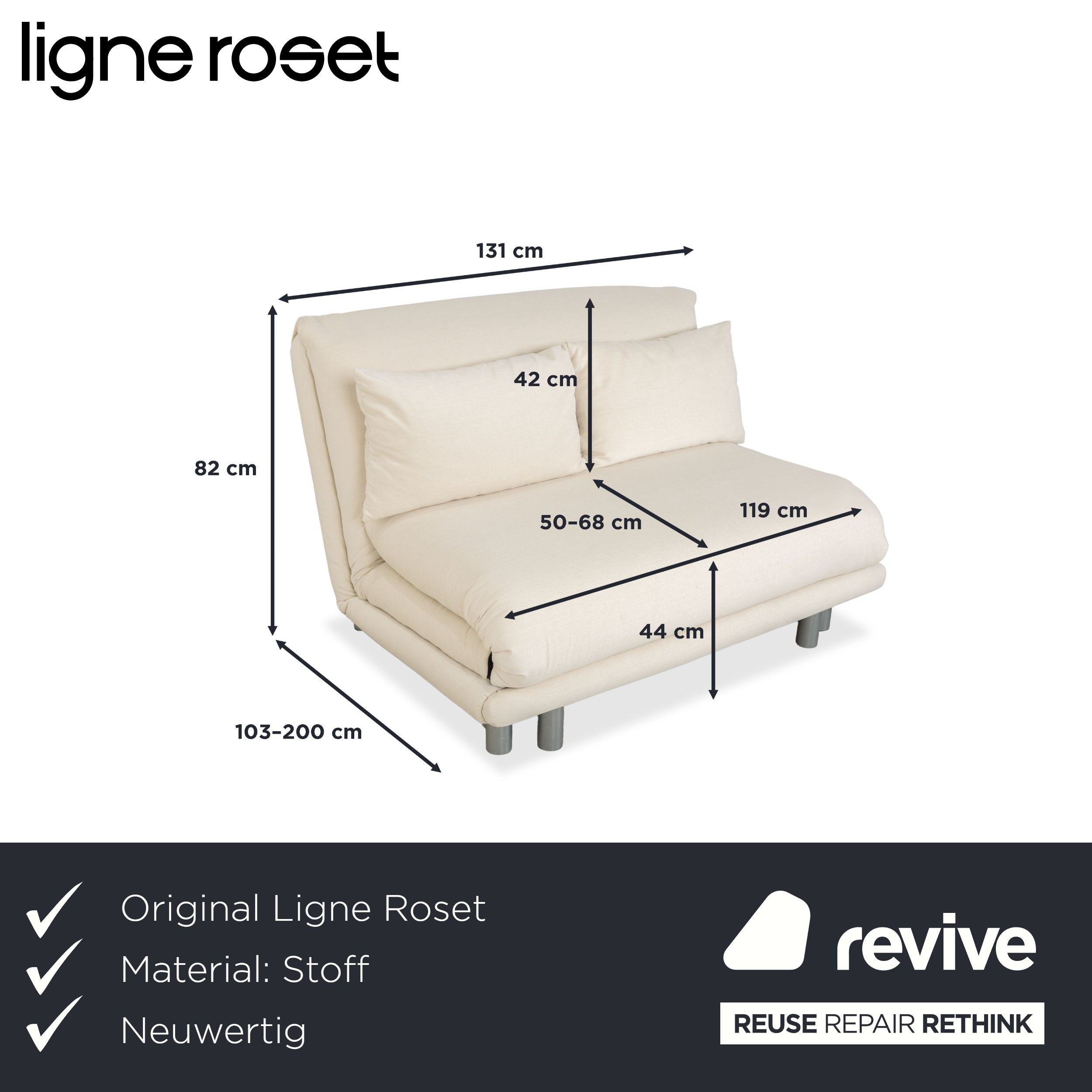 Ligne Roset Multy Zweisitzer Stoff Weiß Creme Beige Silber manuelle Schlaffunktion Schlafsofa Couch Neubezug