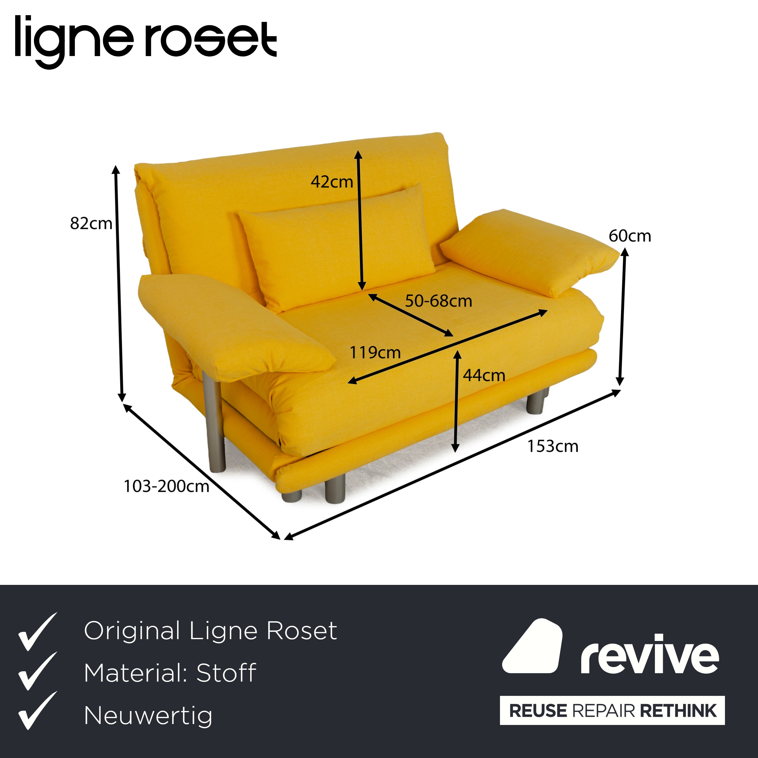 Canapé-lit deux places en tissu Ligne Roset Multy jaune avec accoudoirs, fonction manuelle, housse neuve