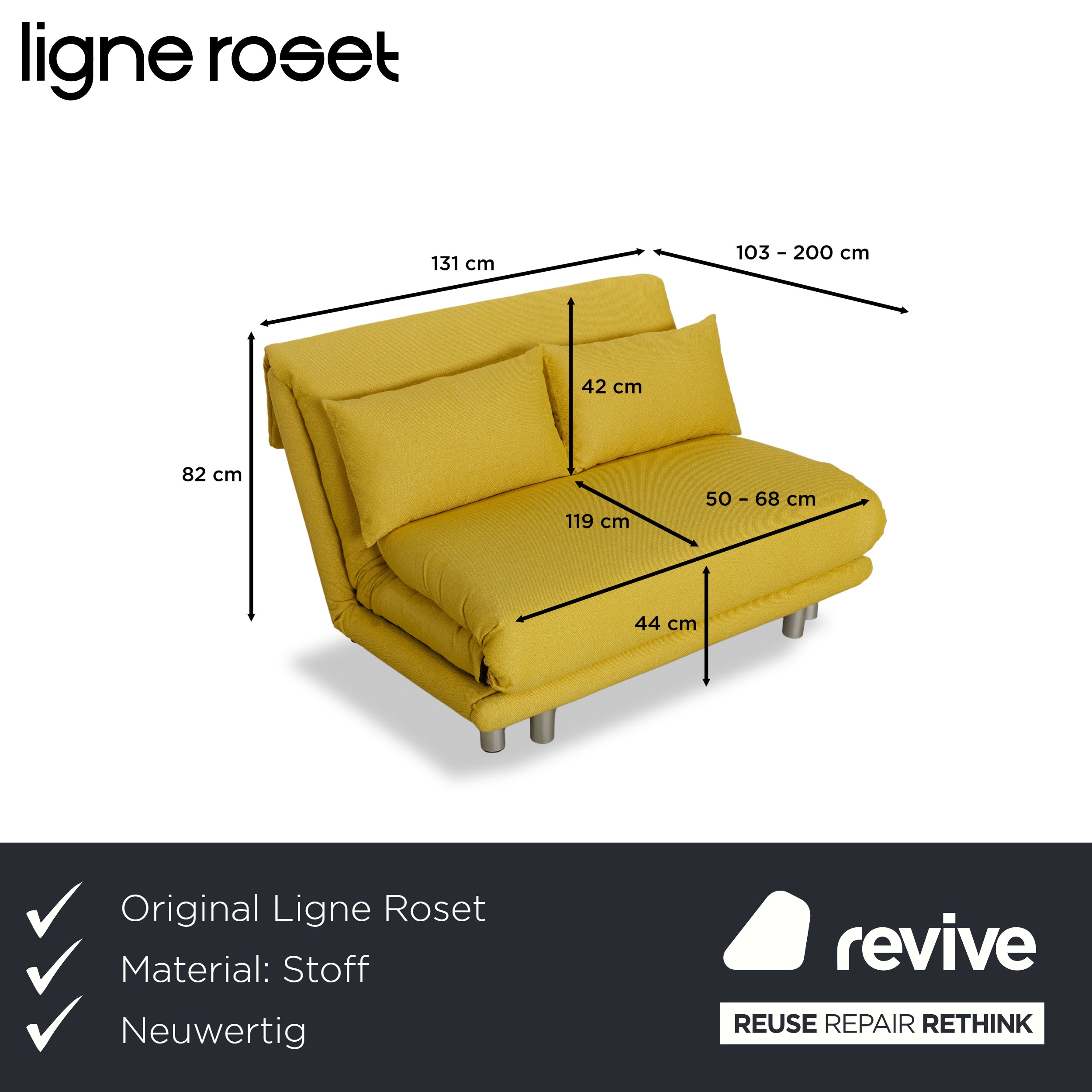Ligne Roset Multy Zweisitzer Stoff Boucle Gelb Silber manuelle Schlaffunktion Schlafsofa Couch Neubezug