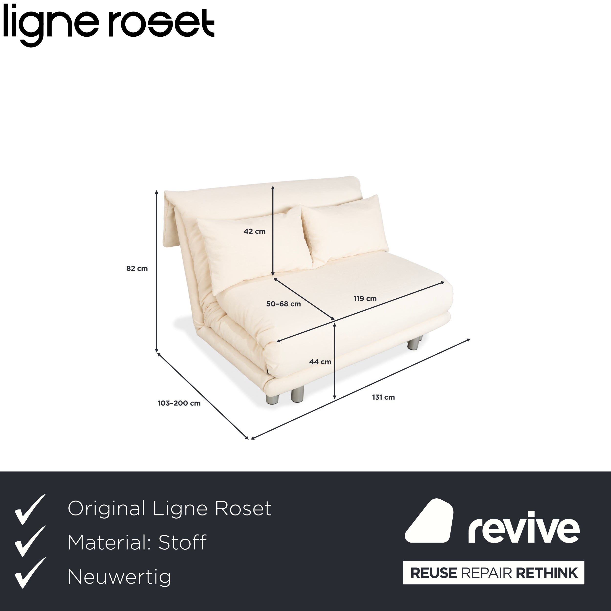 Canapé convertible deux places Ligne Roset Multy beige crème avec fonction convertible manuelle - Réfection de la tapisserie