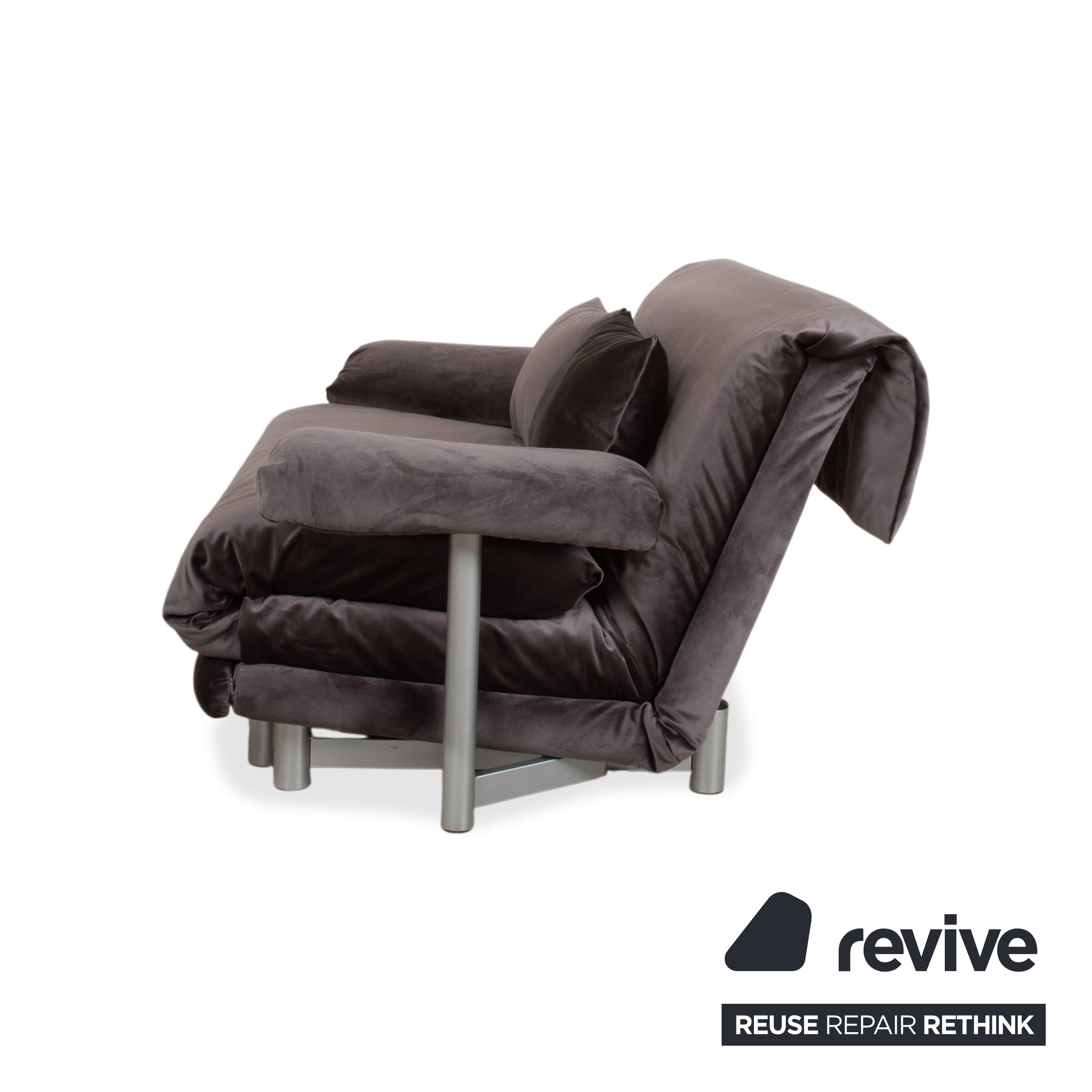 Ligne Roset Multy Canapé deux places avec accoudoirs, tissu velours gris-marron, fonction couchage manuelle, housse neuve