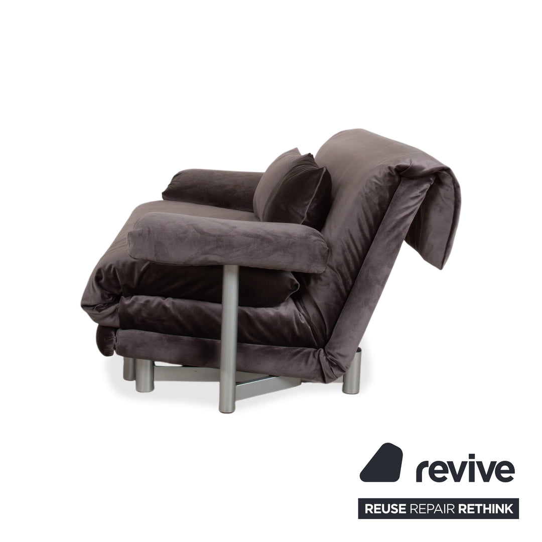 Ligne Roset Multy Two-Seater including Armrests Velvet Fabric Grey Brown Manual Sleeping Function Sofa Couch Reupholstered