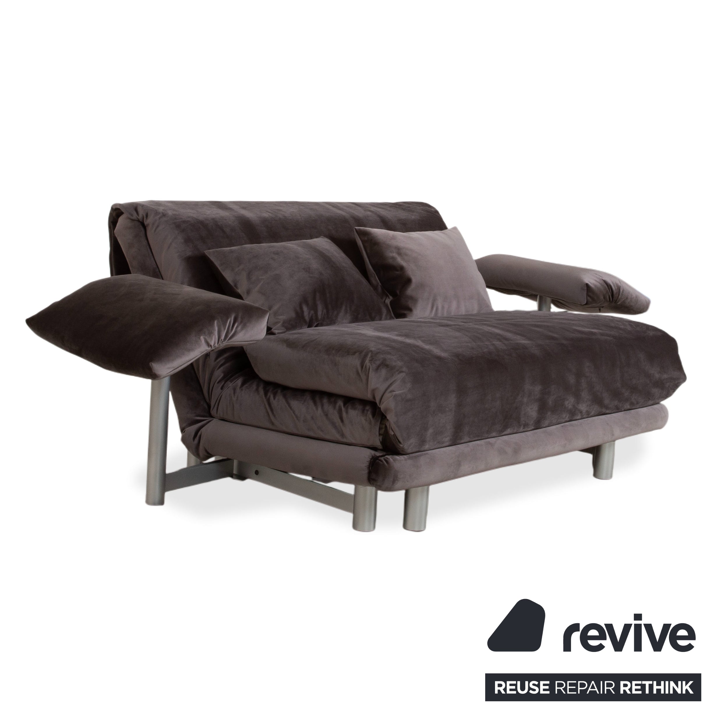 Ligne Roset Multy Canapé deux places avec accoudoirs, tissu velours gris-marron, fonction couchage manuelle, housse neuve