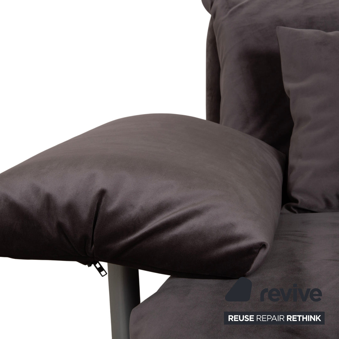 Ligne Roset Multy Two-Seater including Armrests Velvet Fabric Grey Brown Manual Sleeping Function Sofa Couch Reupholstered
