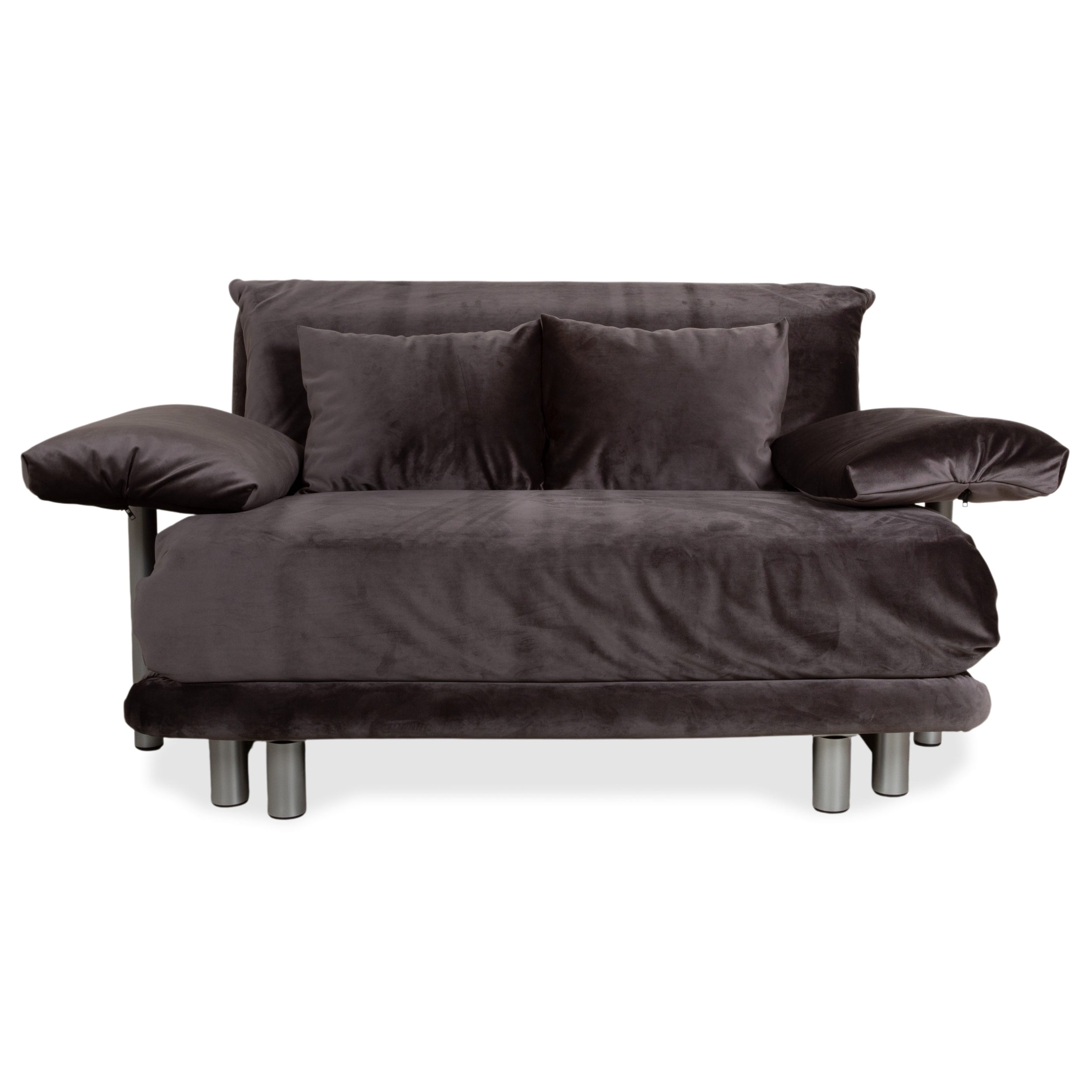 Ligne Roset Multy Canapé deux places avec accoudoirs, tissu velours gris-marron, fonction couchage manuelle, housse neuve